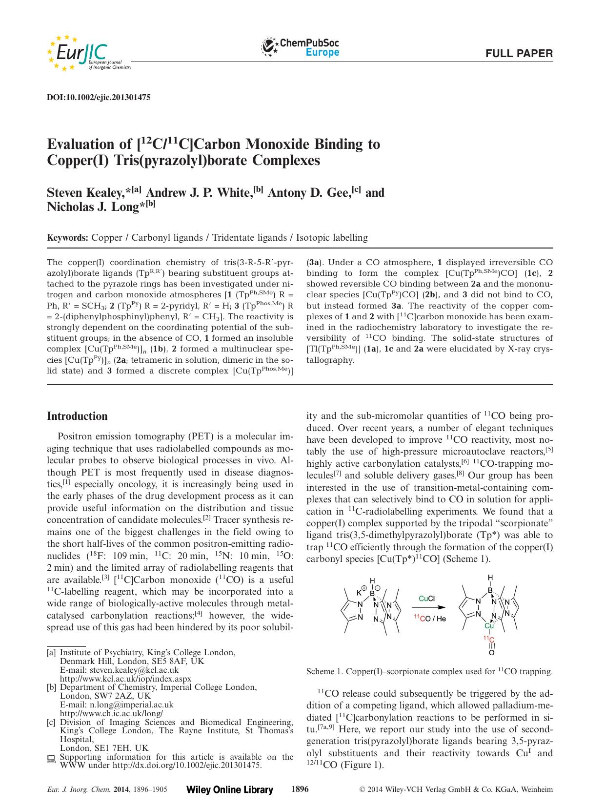 Evaluation of [12C11C]Carbon Monoxide Binding to Copper(I) Tris(pyrazolyl)borate Complexes by Unknown