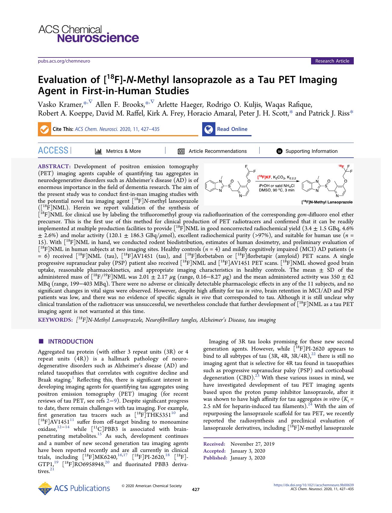 Evaluation of [18F]-N-Methyl lansoprazole as a Tau PET Imaging Agent in First-in-Human Studies by unknow