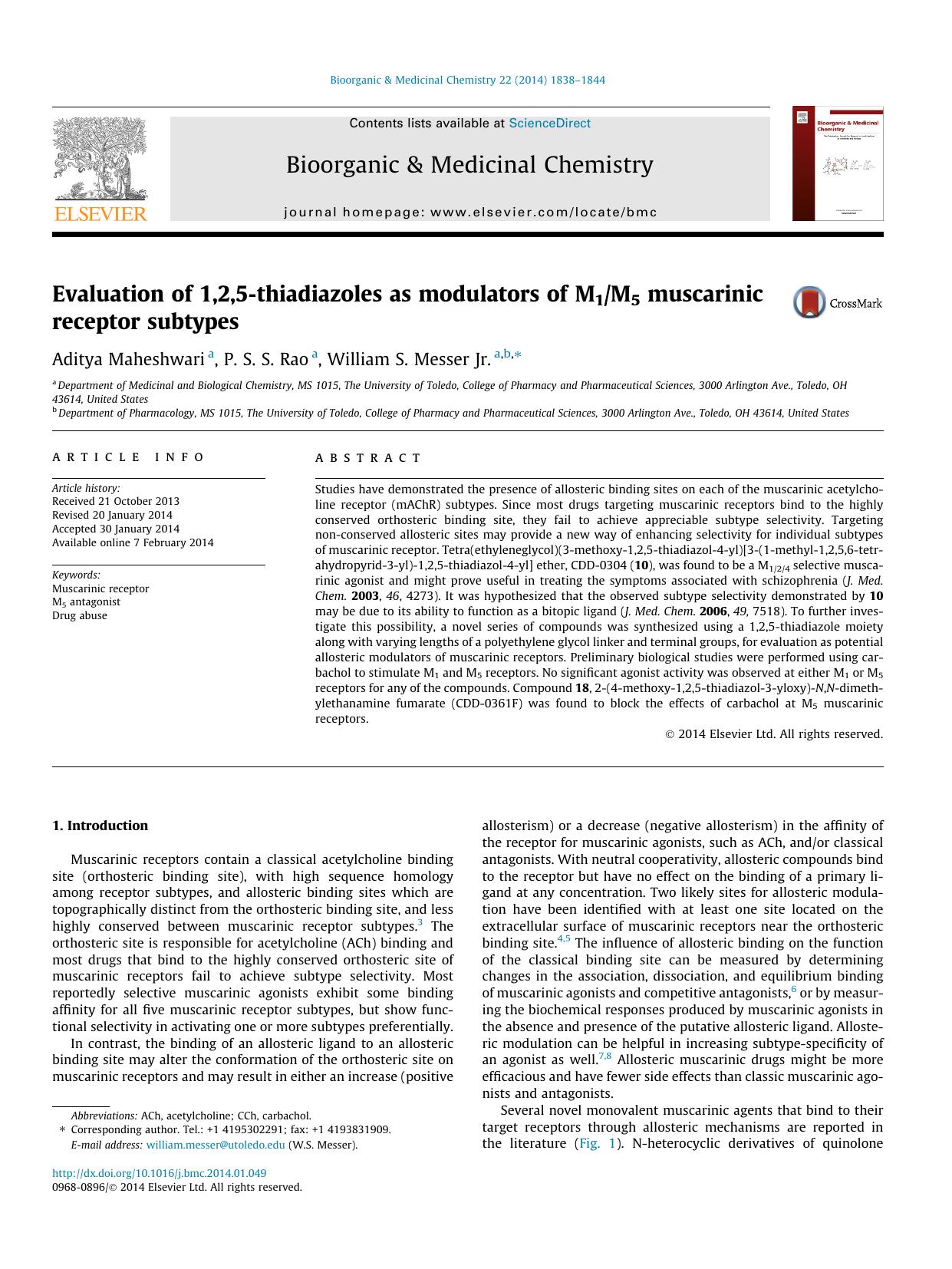 Evaluation of 1,2,5-thiadiazoles as modulators of M1M5 muscarinic receptor subtypes by Aditya Maheshwari & P.S.S. Rao & William S. Messer Jr
