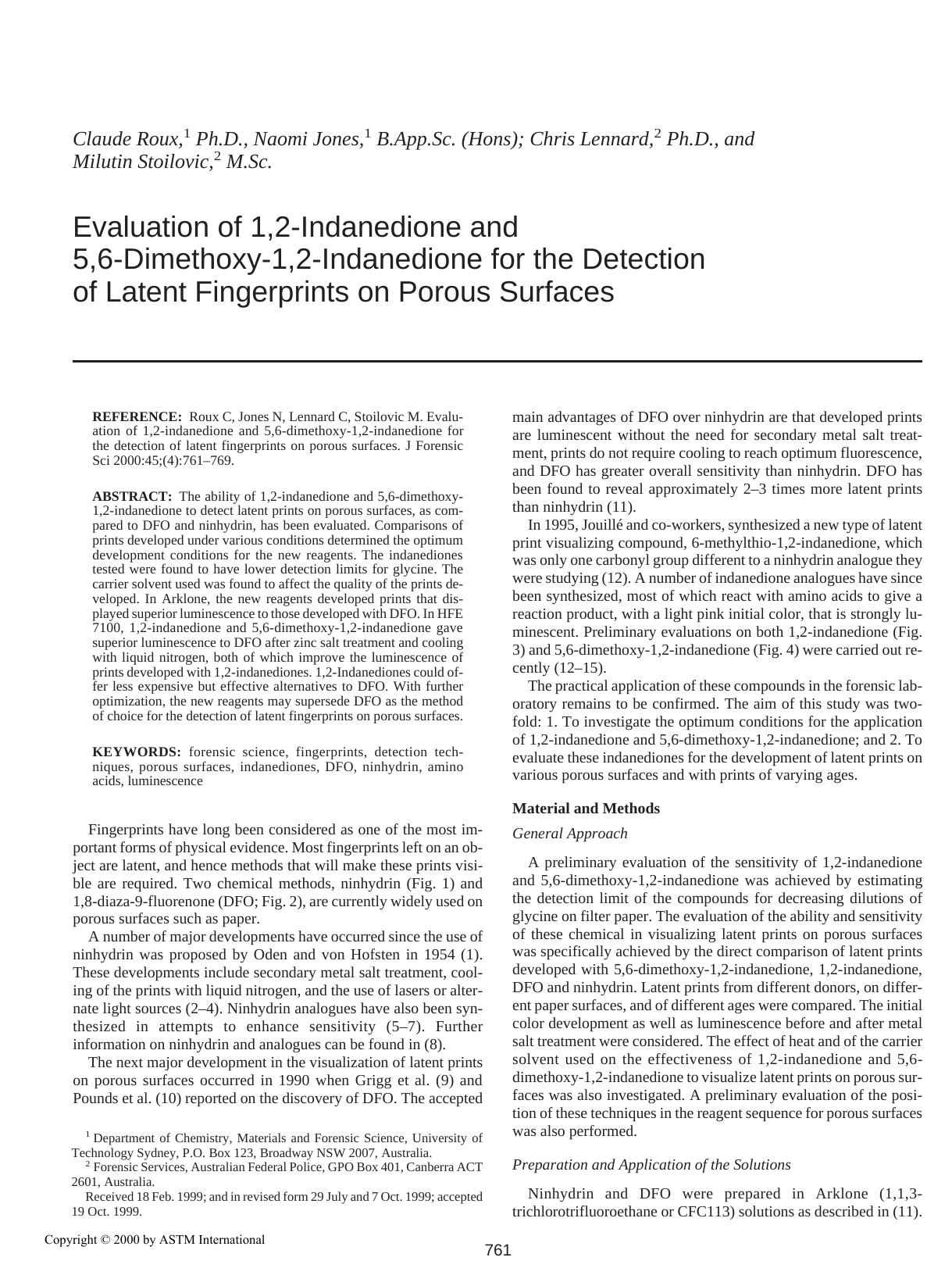 Evaluation of 1,2-indanedione and 5,6-dimethoxy-1,2-indanedione for the detection of latent fingerprints on porous surfaces by Roux C Jones N Lennard C Stoilovic M
