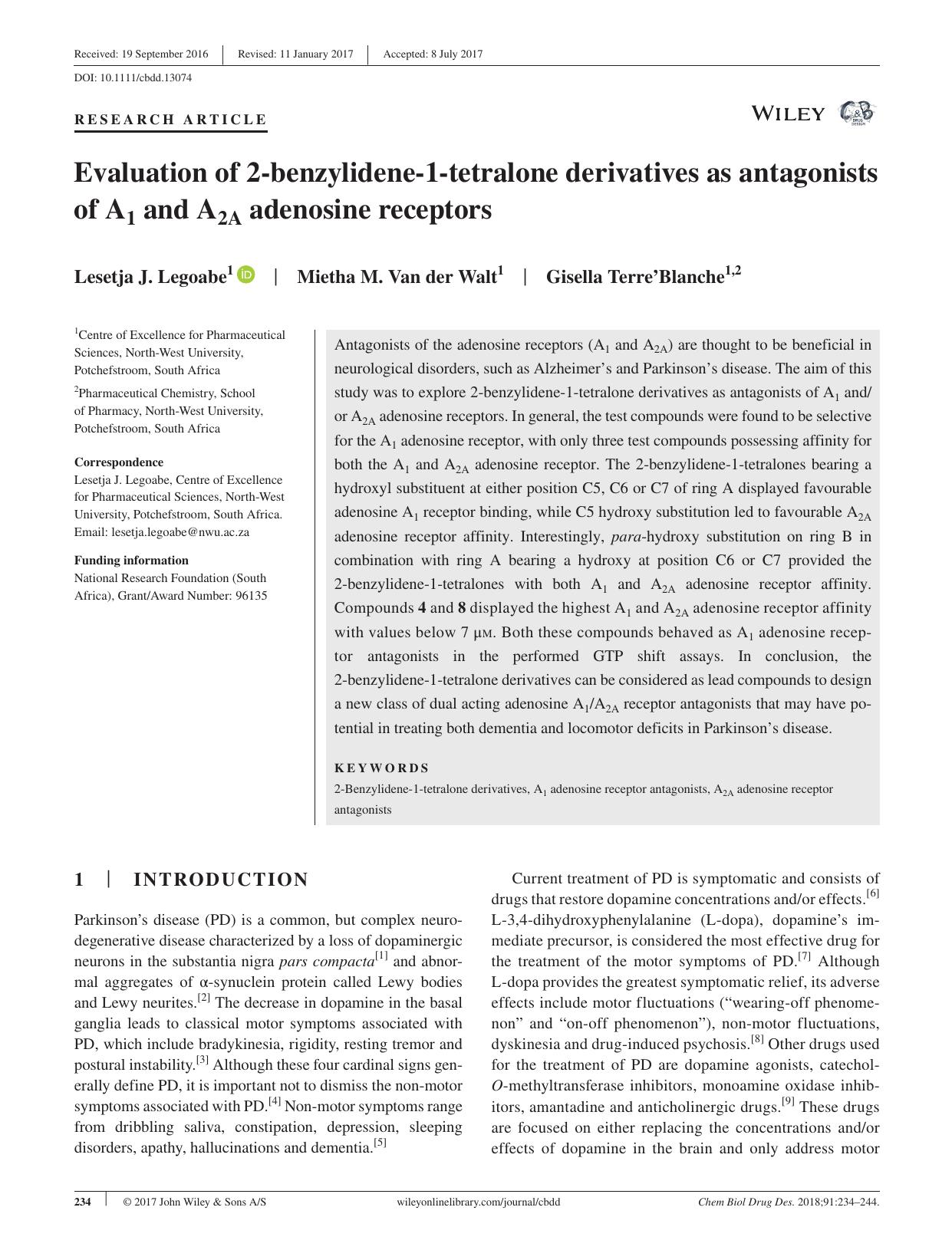 Evaluation of 2‐benzylidene‐1‐tetralone derivatives as antagonists of A1 and A2A adenosine receptors by unknow