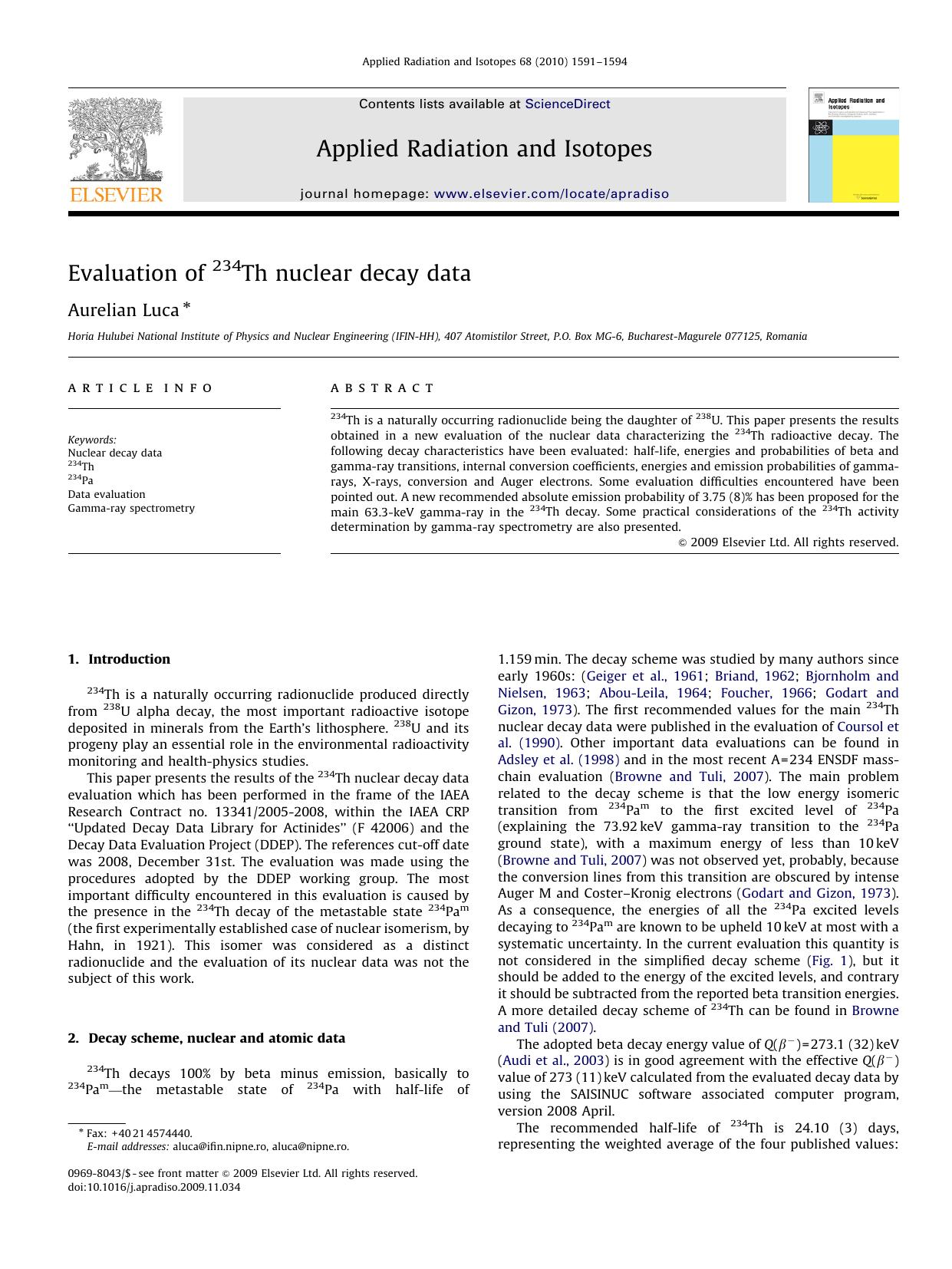 Evaluation of 234Th nuclear decay data by Aurelian Luca