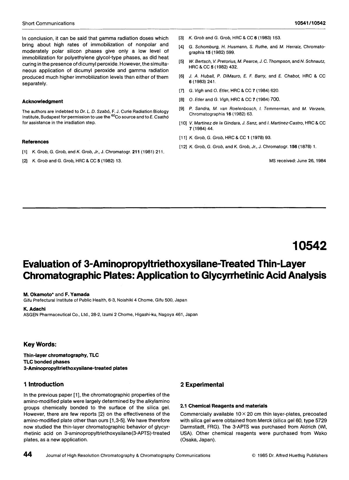 Evaluation of 3-aminopropyltriethoxysilane-treated thin-layer chromatographic plates: Application to glycyrrhetinic acid analysis by Unknown