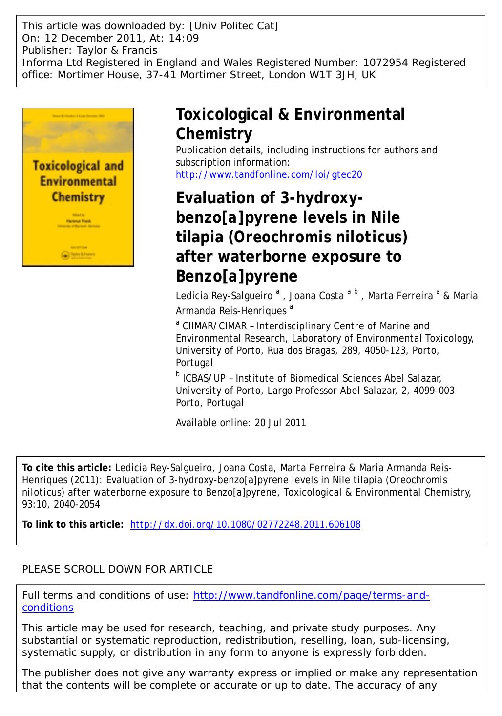 Evaluation of 3-hydroxy-benzo[a]pyrene levels in Nile tilapia (Oreochromis niloticus) after waterborne exposure to Benzo[a]pyrene by unknow