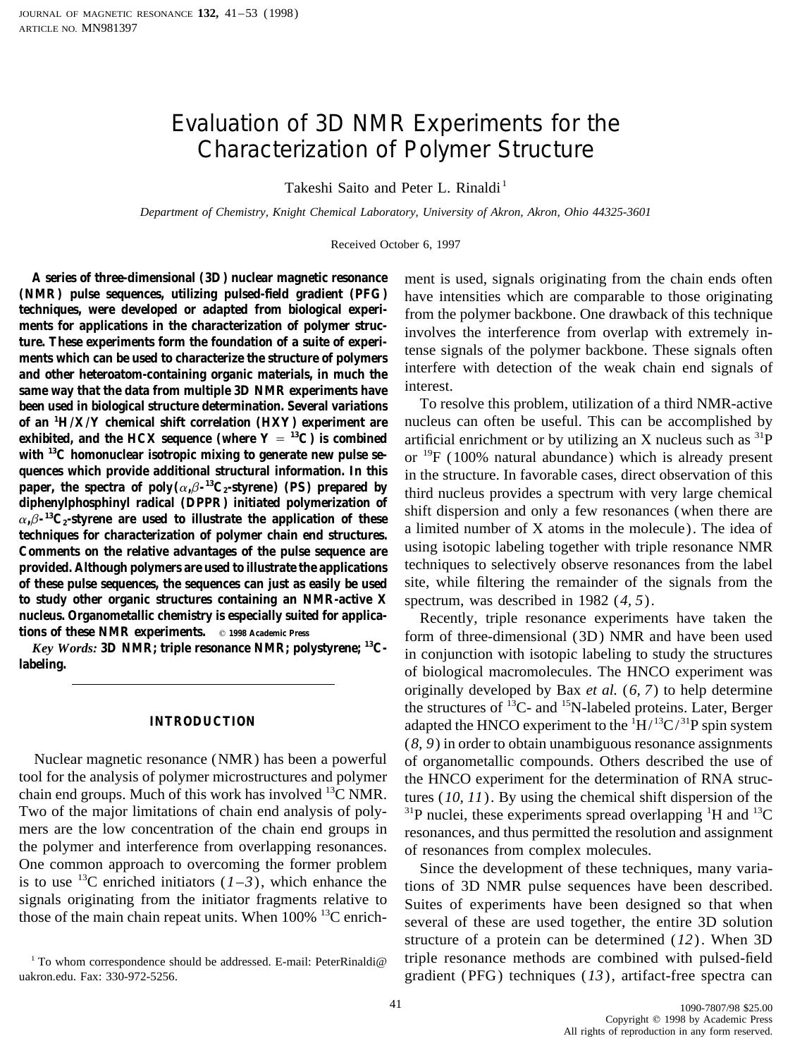 Evaluation of 3D NMR Experiments for the Characterization of Polymer Structure by Saito T. et al