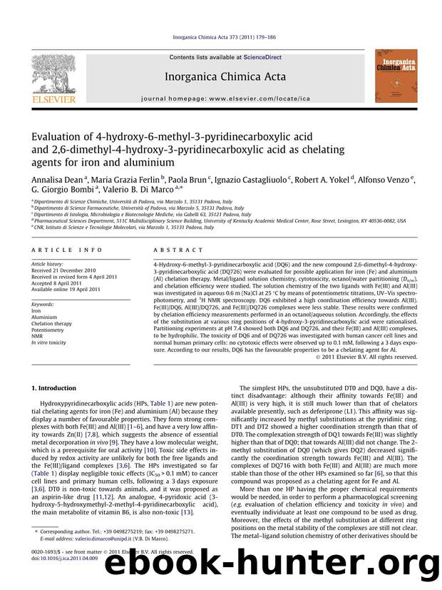 Evaluation of 4-hydroxy-6-methyl-3-pyridinecarboxylic acid and 2,6-dimethyl-4-hydroxy-3-pyridinecarboxylic acid as chelating agents for iron and aluminium by unknow