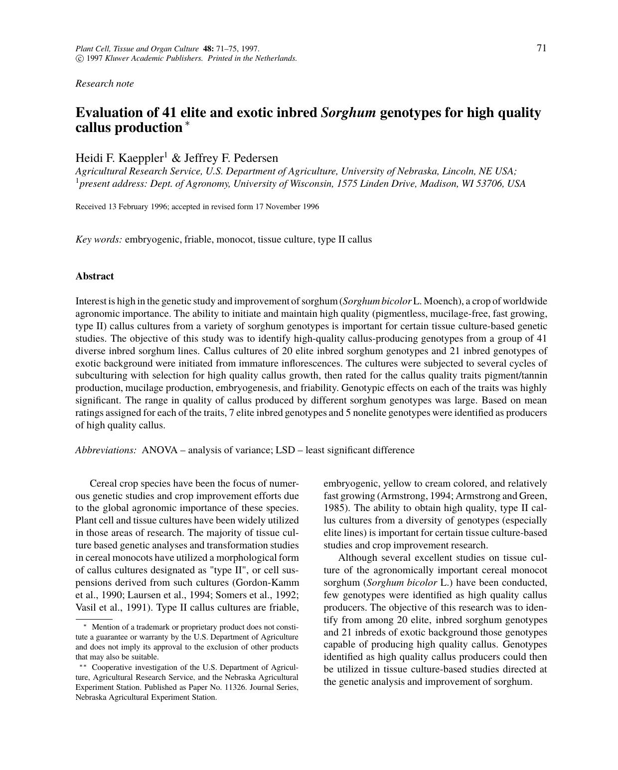 Evaluation of 41 elite and exotic inbred Sorghum genotypes for high quality callus production by Unknown