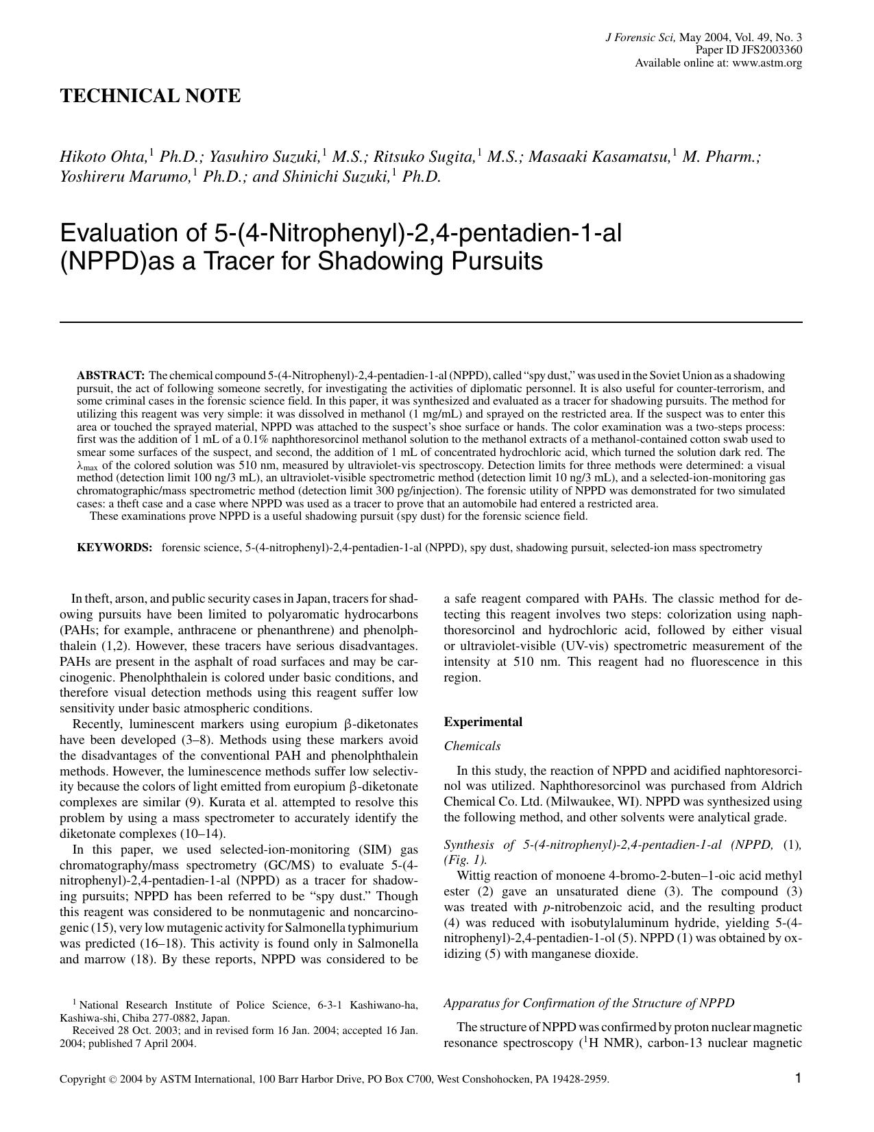 Evaluation of 5-(4-Nitrophenyl)-2, 4-pentadien-1-al (NPPD) as a Tracer for Shadowing Pursuits by Ohta H Suzuki Y Sugita R Kasamatsu M Marumo Y Suzuki S