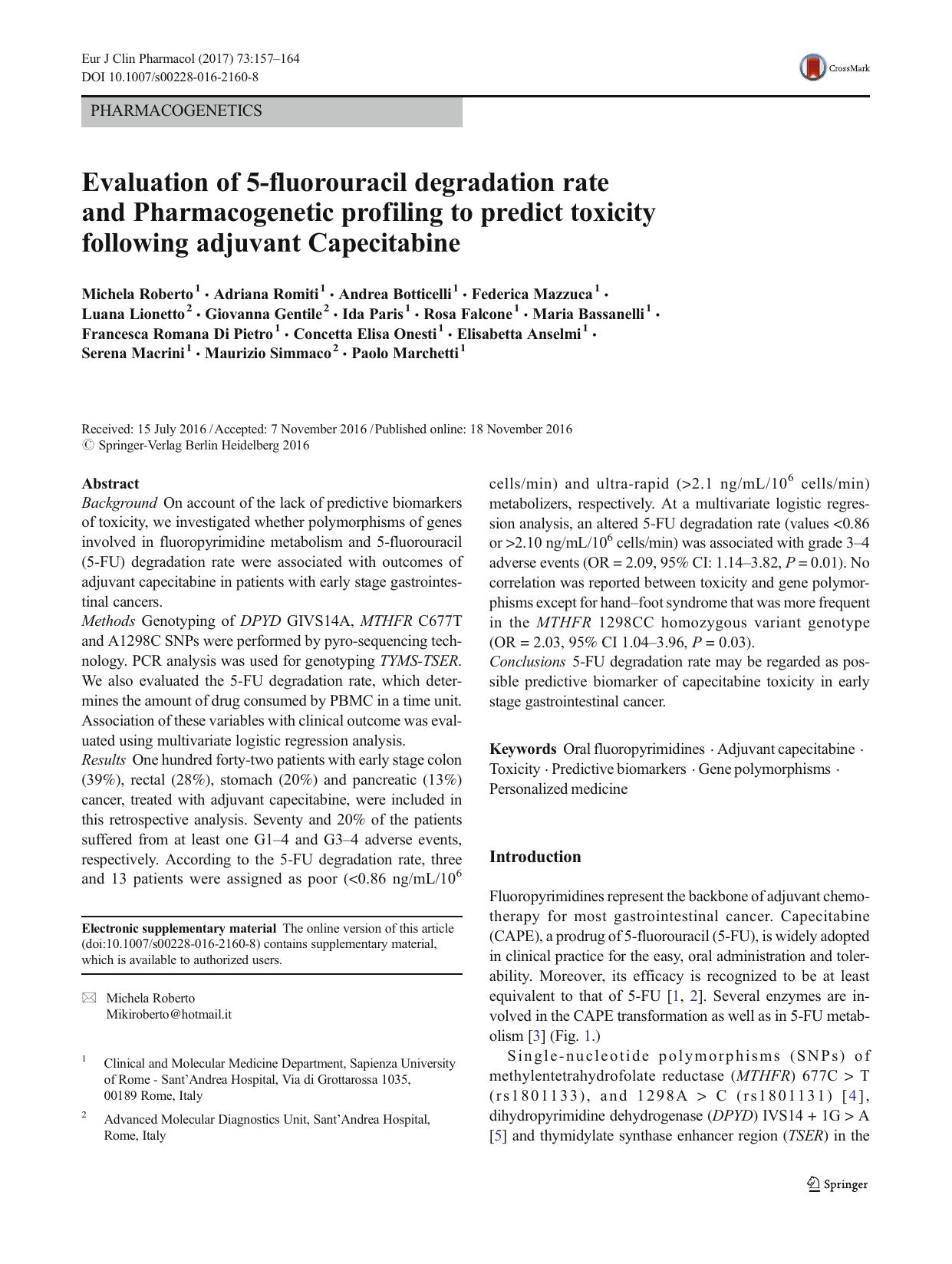 Evaluation of 5-fluorouracil degradation rate and Pharmacogenetic profiling to predict toxicity following adjuvant Capecitabine by unknow