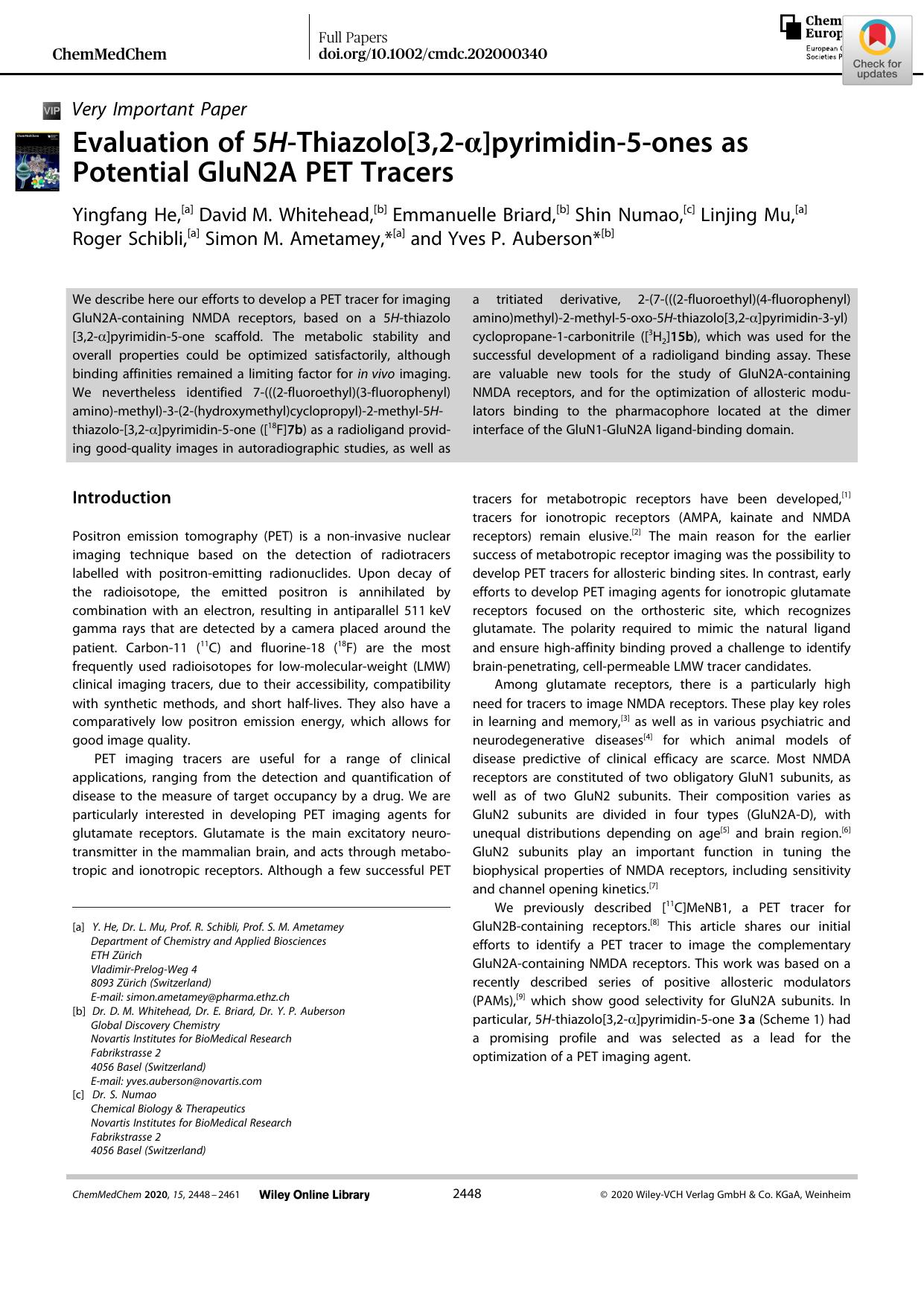 Evaluation of 5HâThiazolo[3,2âÎ±]pyrimidinâ5âones as Potential GluN2A PET Tracers by Unknown