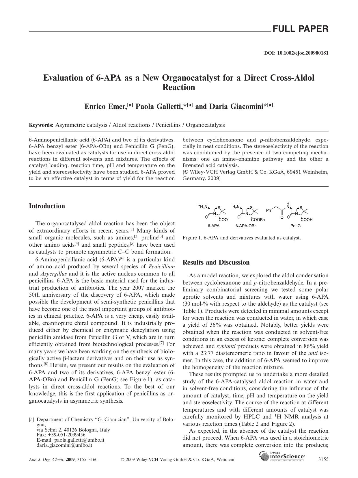 Evaluation of 6-APA as a New Organocatalyst for a Direct Cross-Aldol Reaction by Unknown