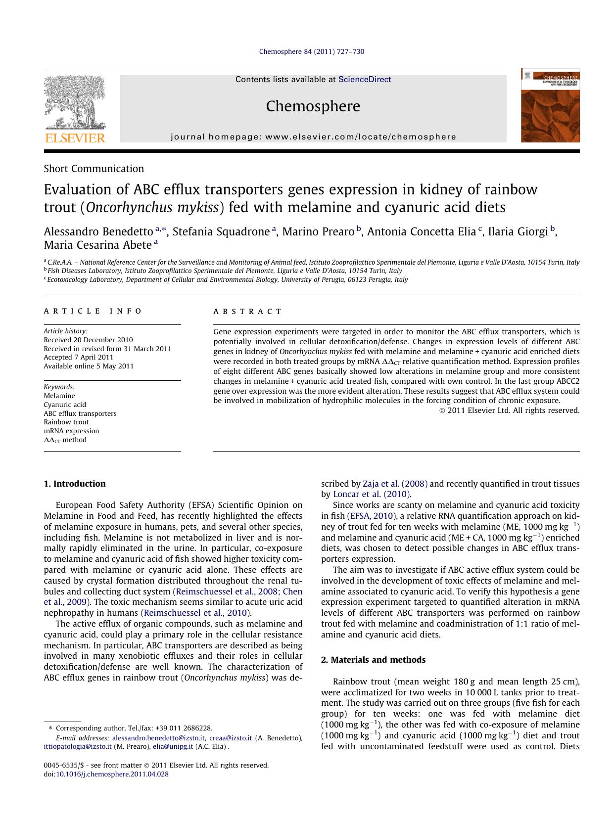 Evaluation of ABC efflux transporters genes expression in kidney of rainbow trout (Oncorhynchus mykiss) fed with melamine and cyanuric acid diets by unknow