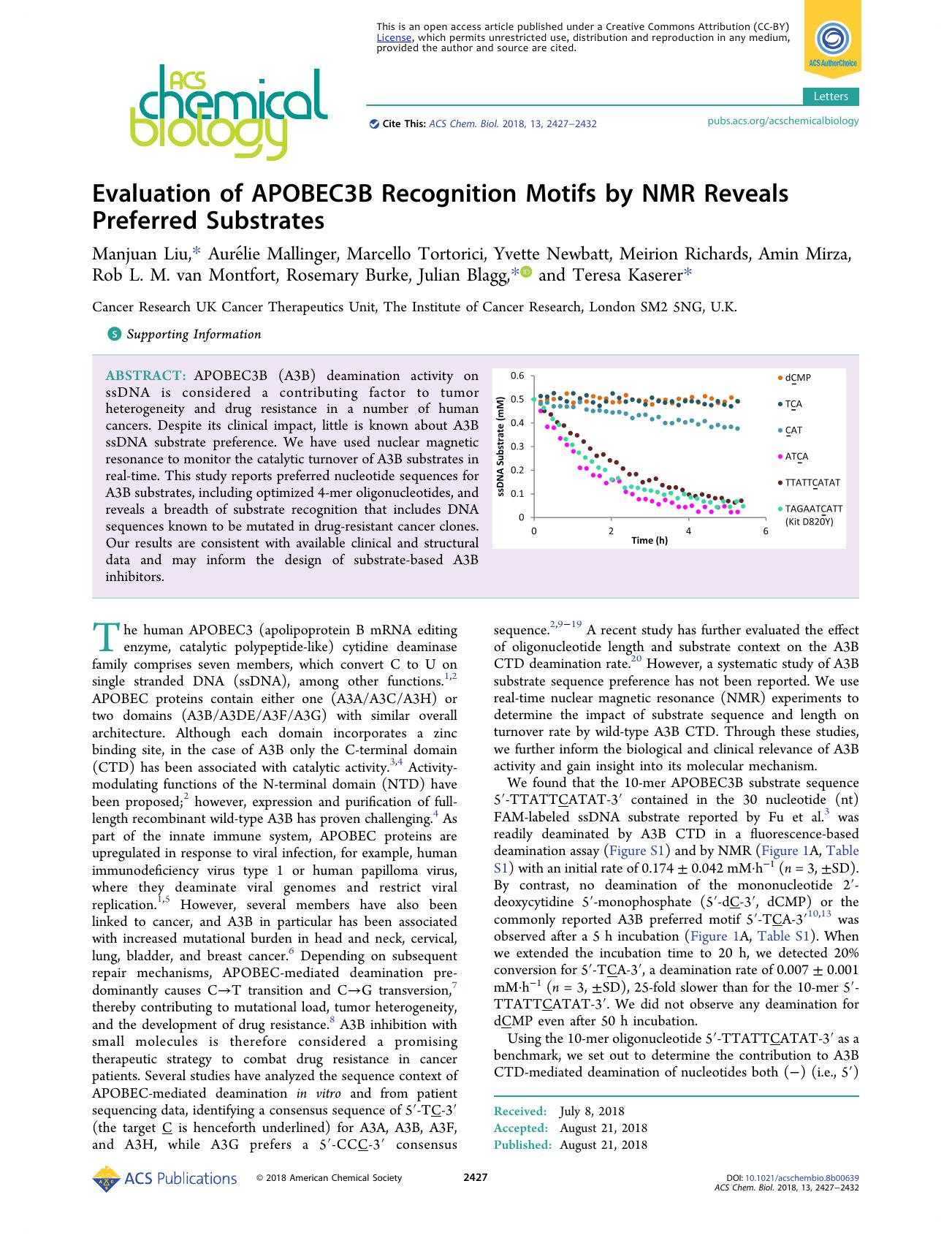Evaluation of APOBEC3B Recognition Motifs by NMR Reveals Preferred Substrates by unknow