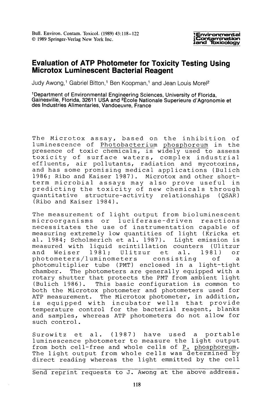 Evaluation of ATP photometer for toxicity testing using microtox luminescent bacterial reagent by Unknown