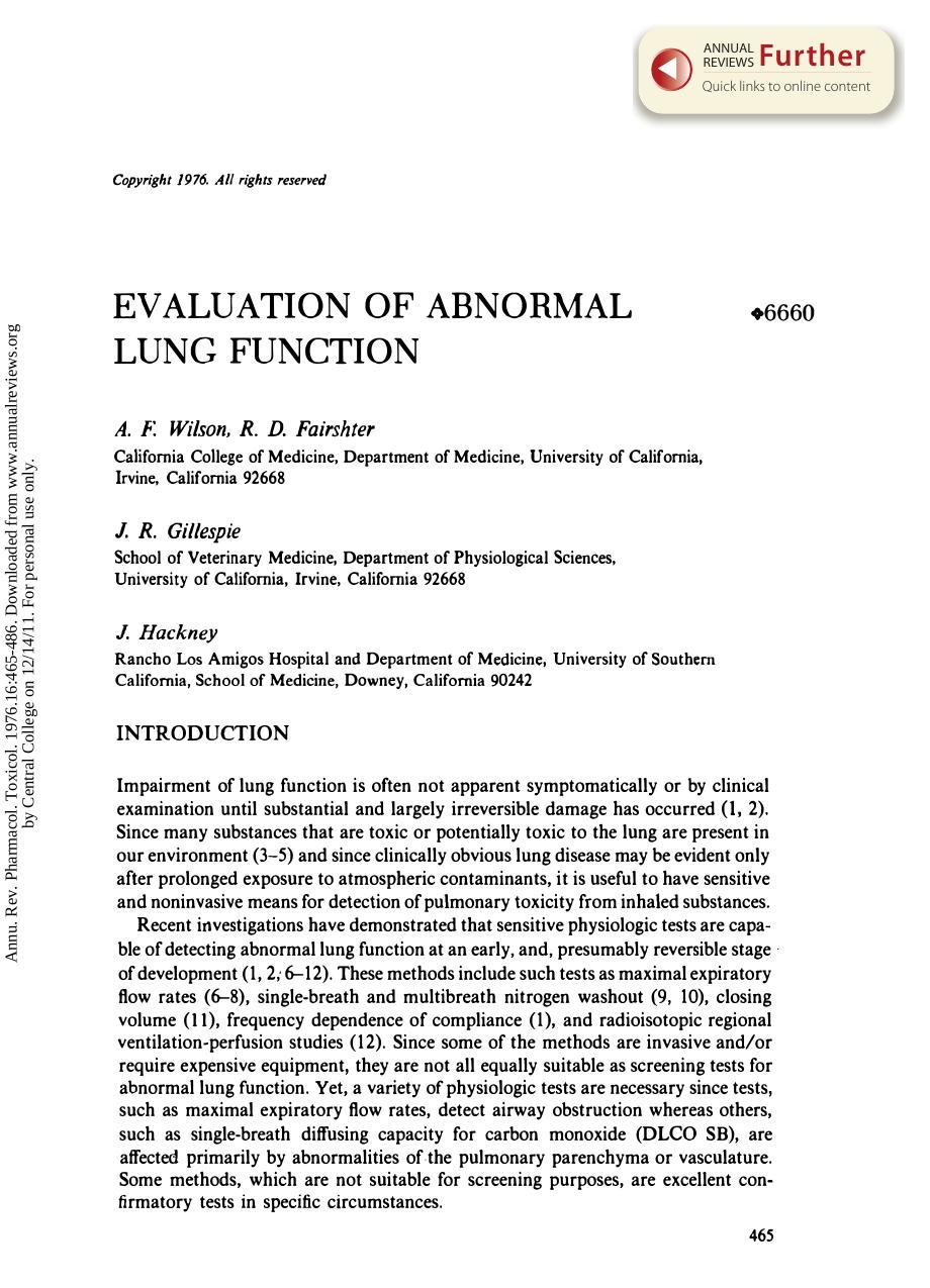 Evaluation of Abnormal Lung Function by A F Wilson & R D Fairshter