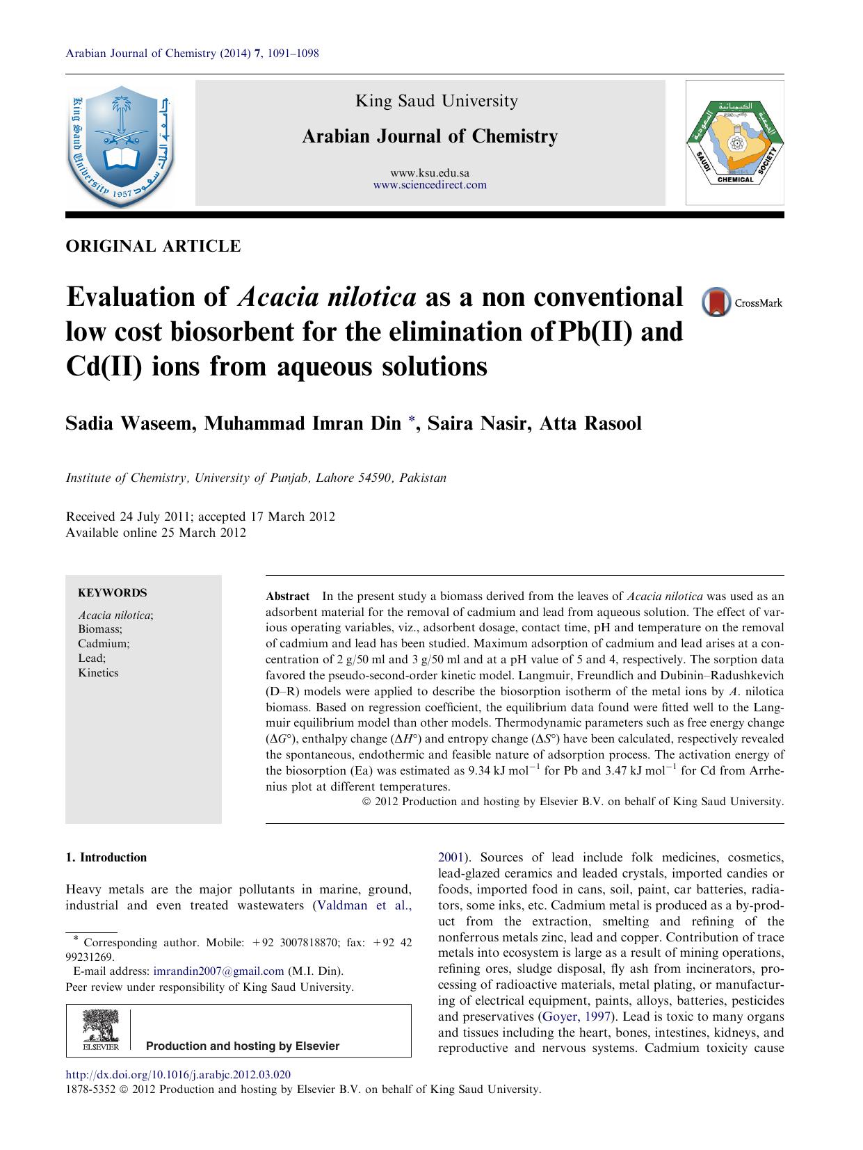 Evaluation of Acacia nilotica as a non conventional low cost biosorbent for the elimination of Pb(II) and Cd(II) ions from aqueous solutions by Sadia Waseem & Muhammad Imran Din & Saira Nasir & Atta Rasool