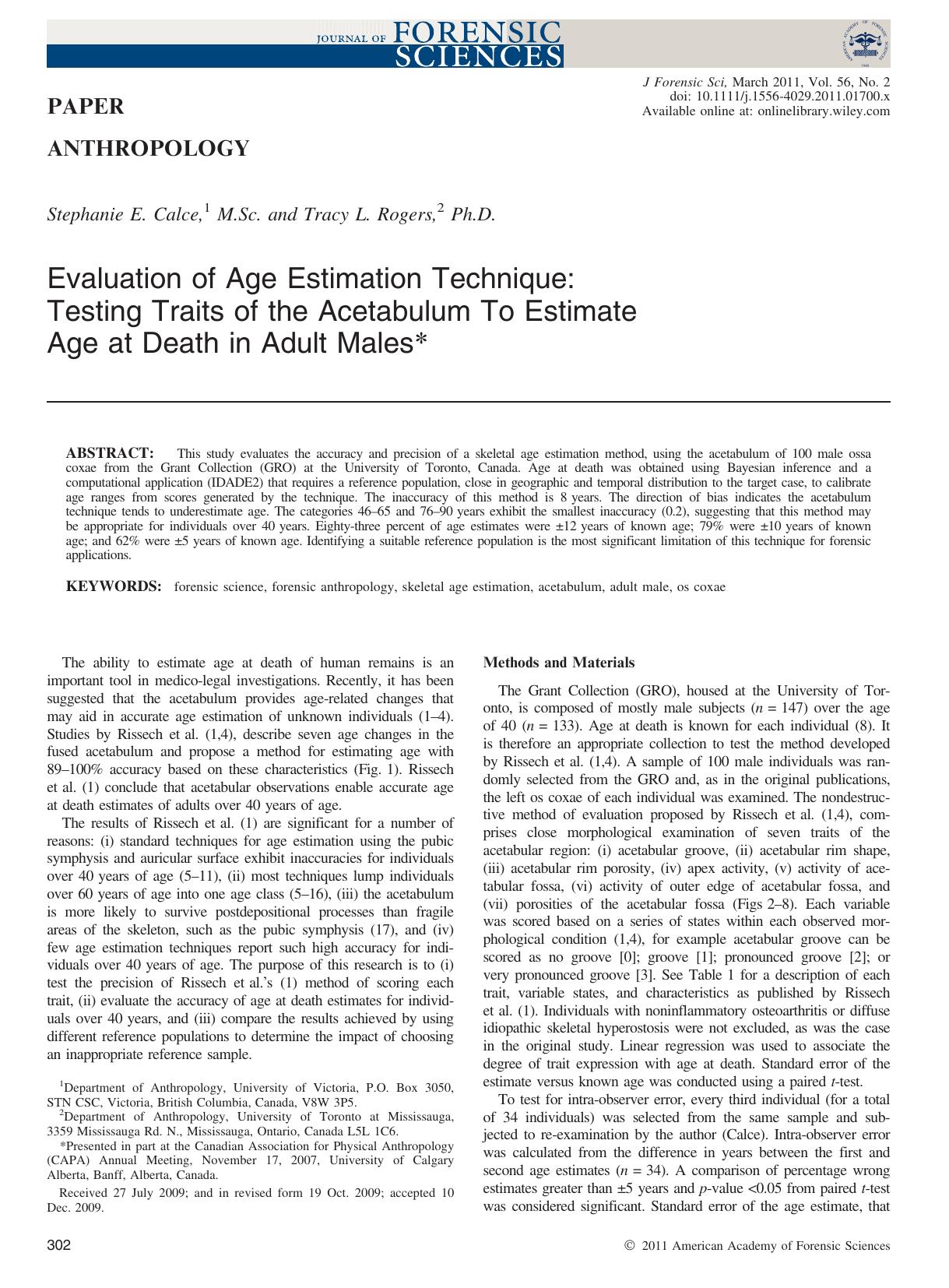 Evaluation of Age Estimation Technique: Testing Traits of the Acetabulum To Estimate Age at Death in Adult Males by Unknown