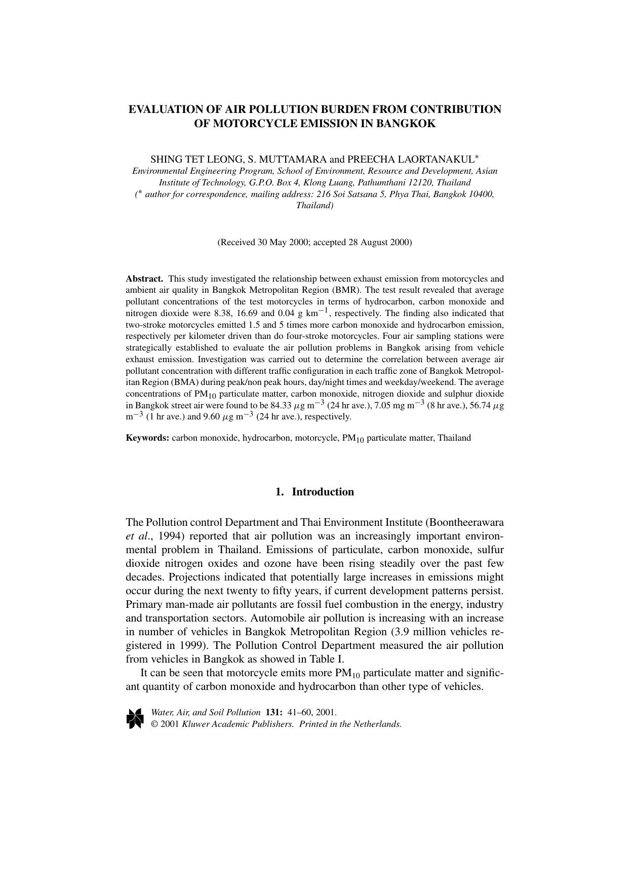 Evaluation of Air Pollution Burden from Contribution of Motorcycle Emission in Bangkok by Unknown