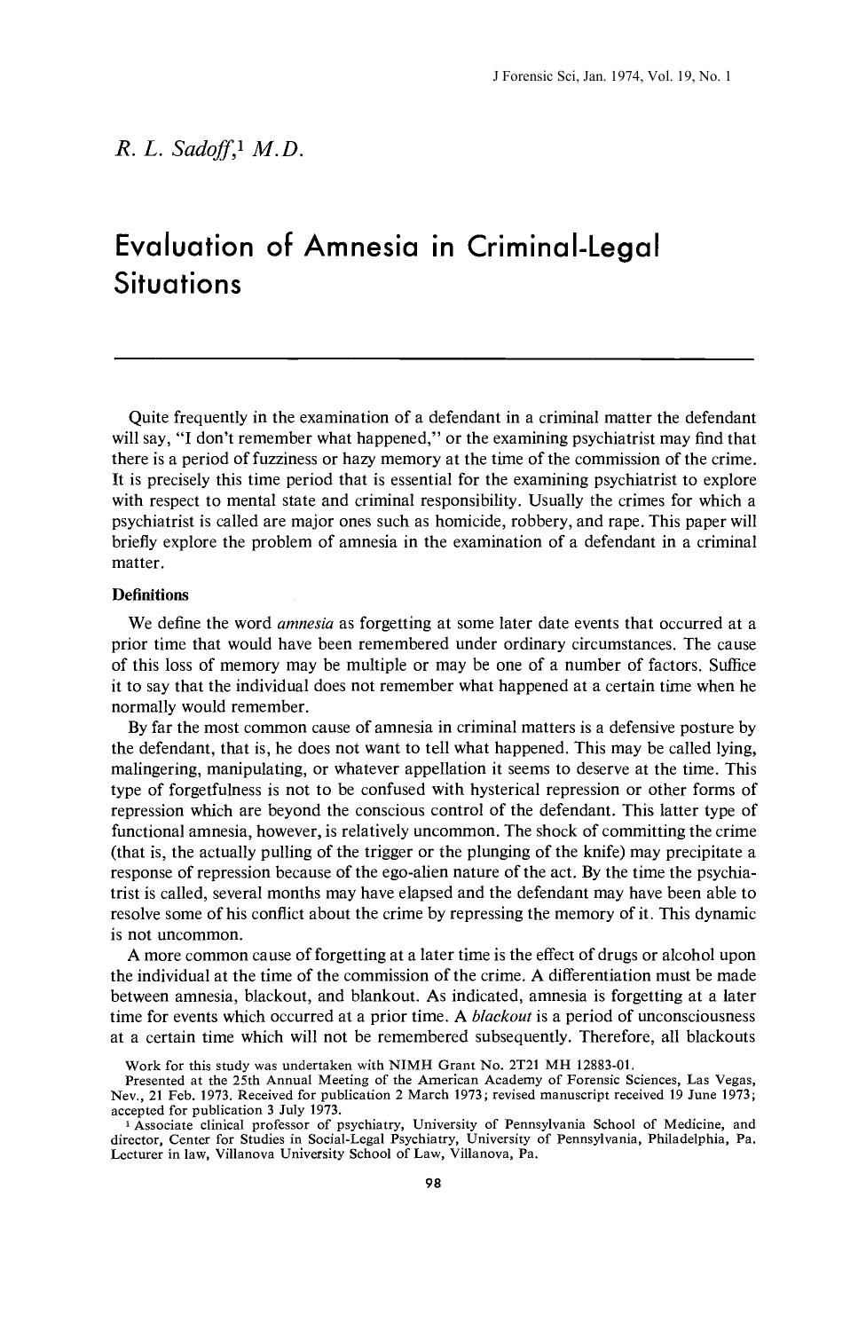Evaluation of Amnesia in Criminal-Legal Situations by Sadoff RL