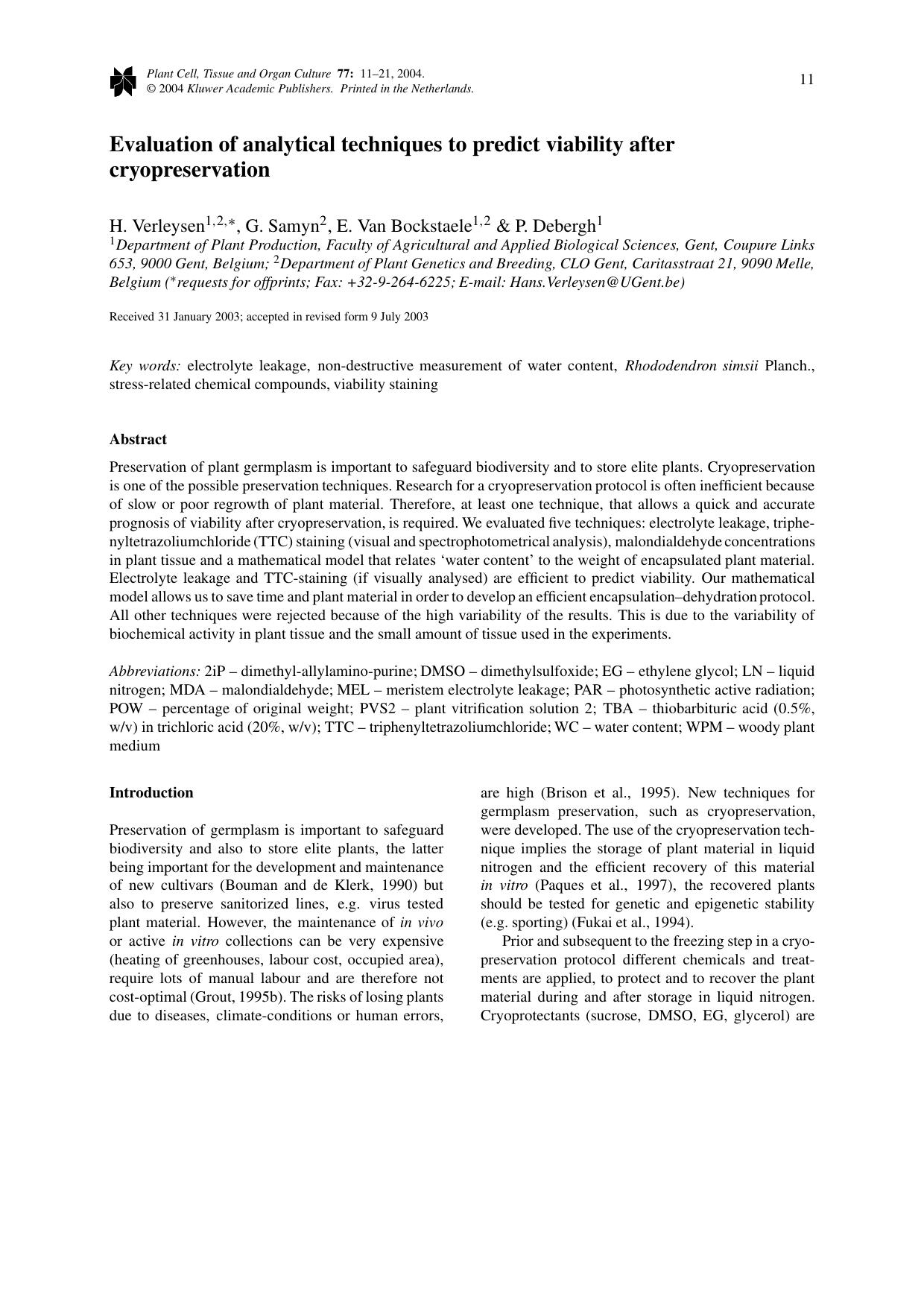 Evaluation of Analytical Techniques to Predict Viability after Cryopreservation by Unknown