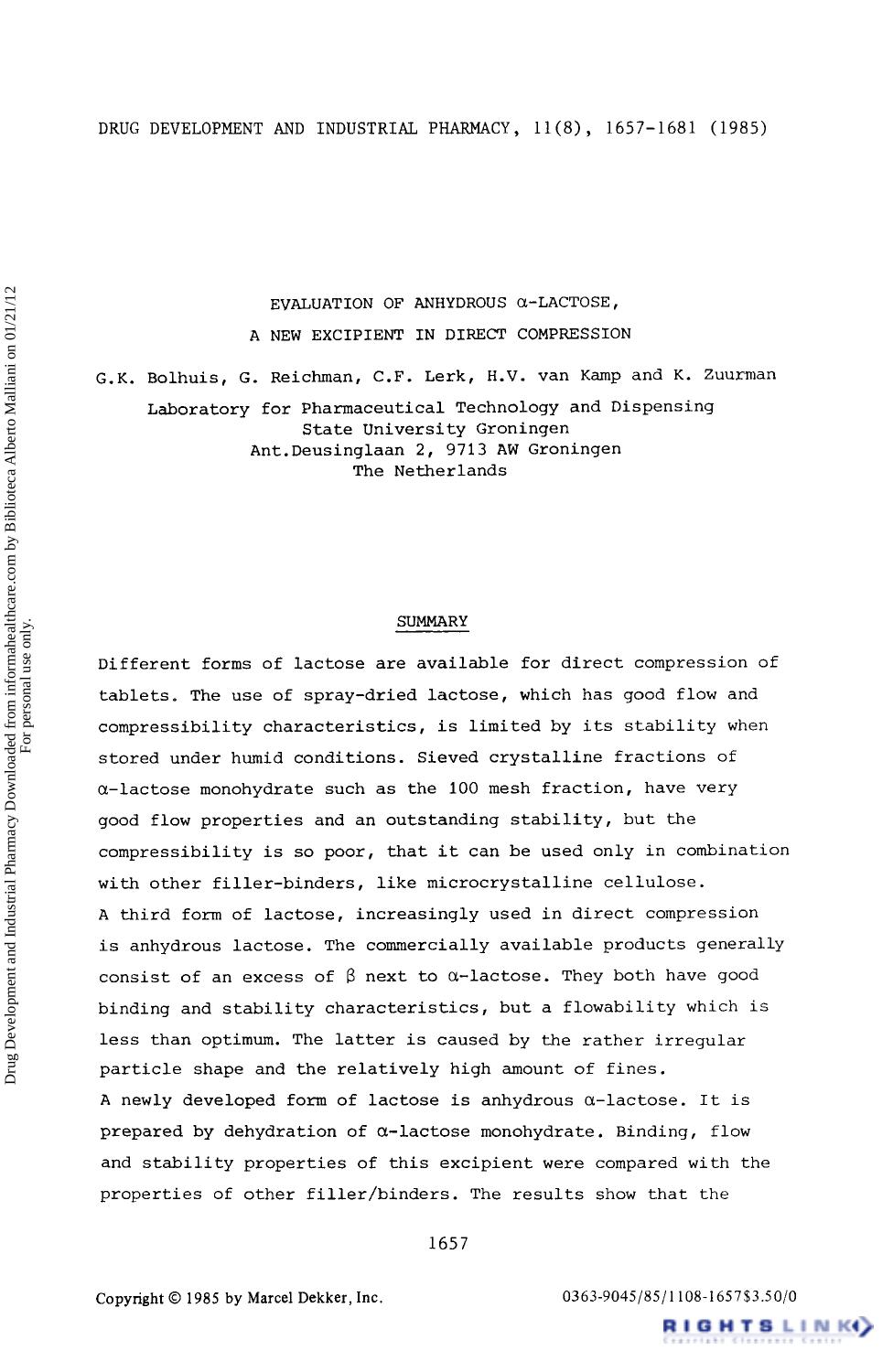 Evaluation of Anhydrous Î±-Lactose, A New Excipient in Direct Compression by G. K. Bolhuis G. Reichman C. F. Lerk H. V. Van Kamp & K. Zuurman