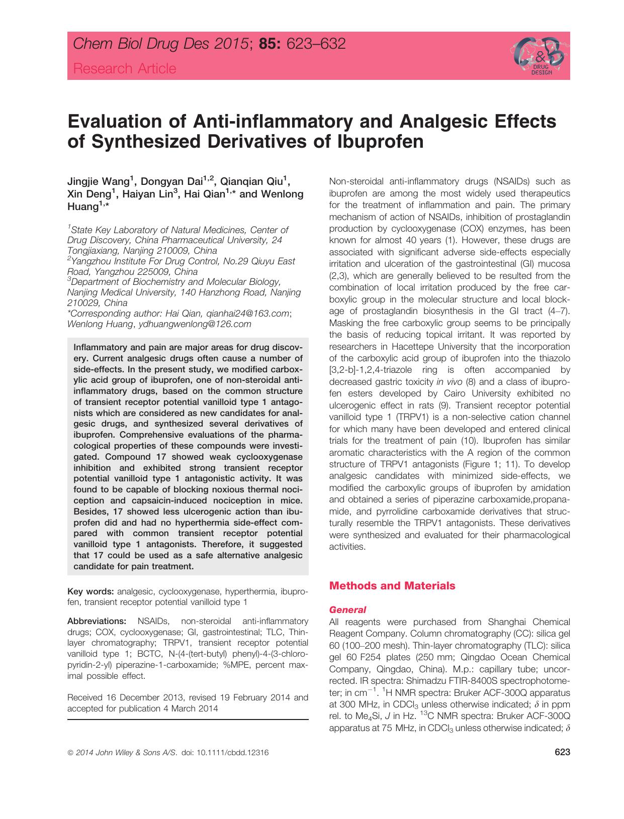 Evaluation of Anti‐inflammatory and Analgesic Effects of Synthesized Derivatives of Ibuprofen by unknow