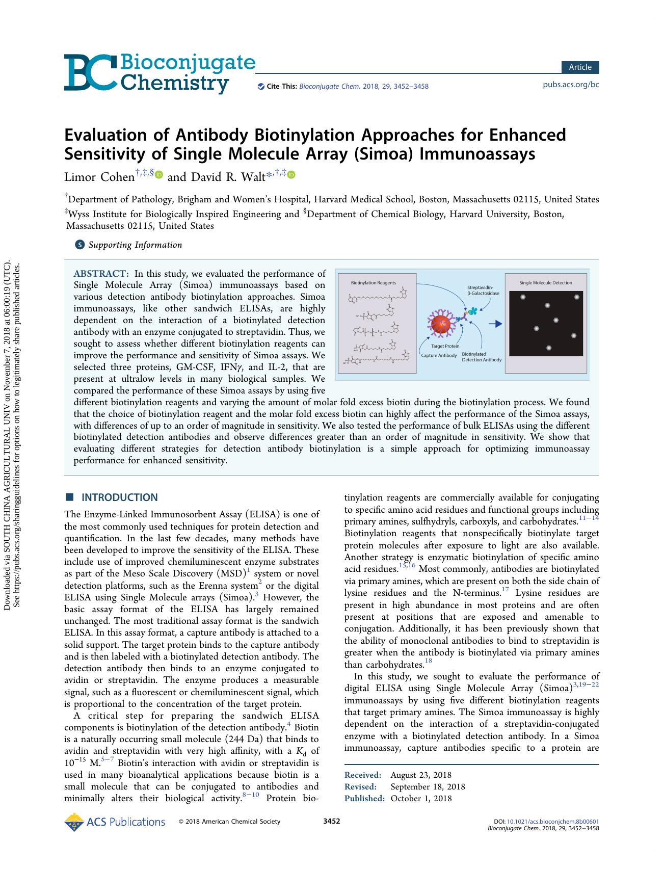Evaluation of Antibody Biotinylation Approaches for Enhanced Sensitivity of Single Molecule Array (Simoa) Immunoassays by Limor Cohen & David R. Walt