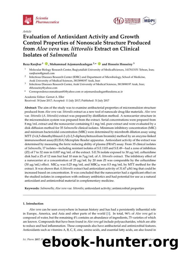 Evaluation of Antioxidant Activity and Growth Control Properties of Nonoscale Structure Produced from Aloe vera var. littoralis Extract on Clinical Isolates of Salmonella by Reza Ranjbar Mohammad Arjomandzadegan & Hossein Hosseiny