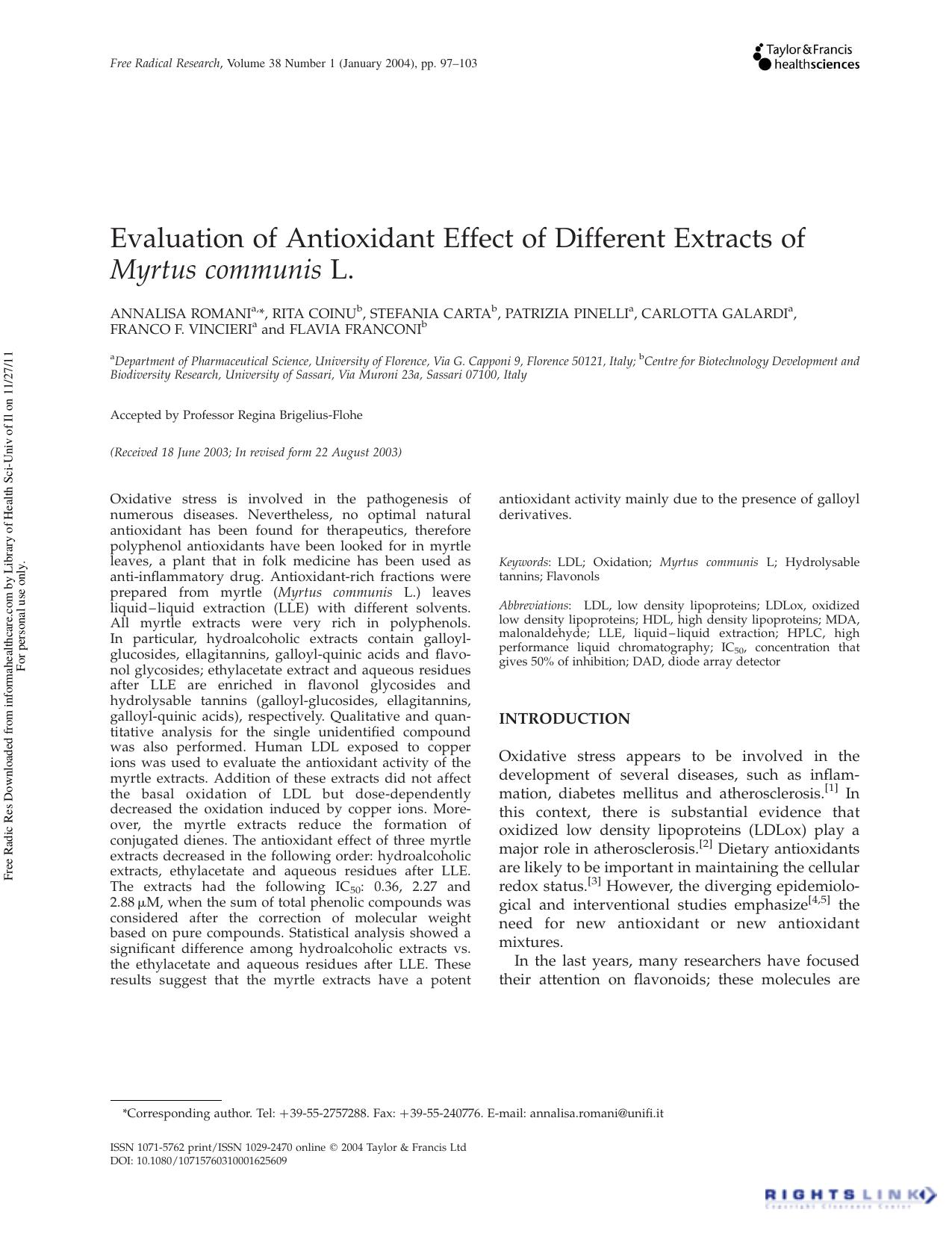 Evaluation of Antioxidant Effect of Different Extracts of Myrtus communis L. by unknow