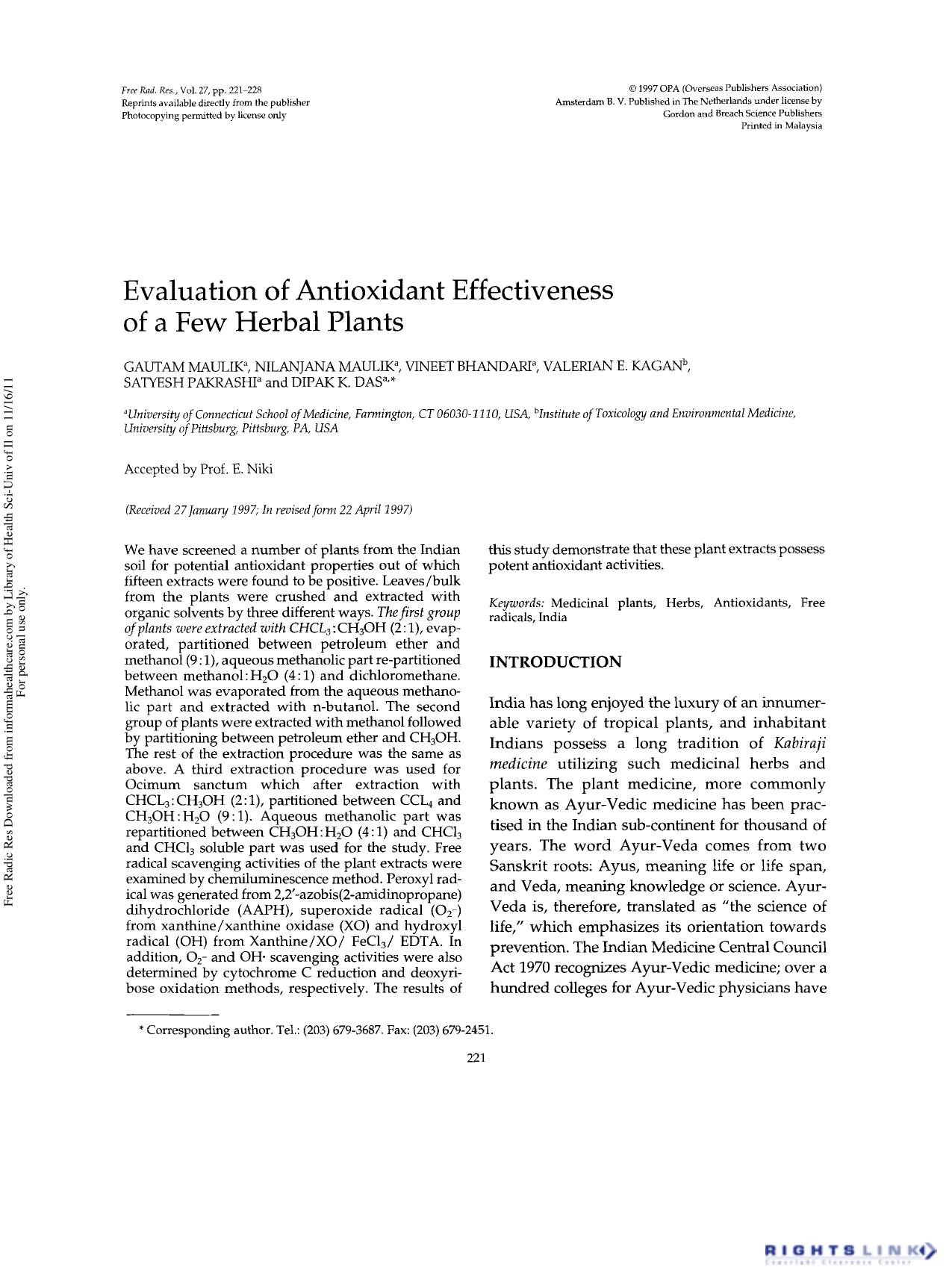 Evaluation of Antioxidant Effectiveness of a Few Herbal Plants by unknow