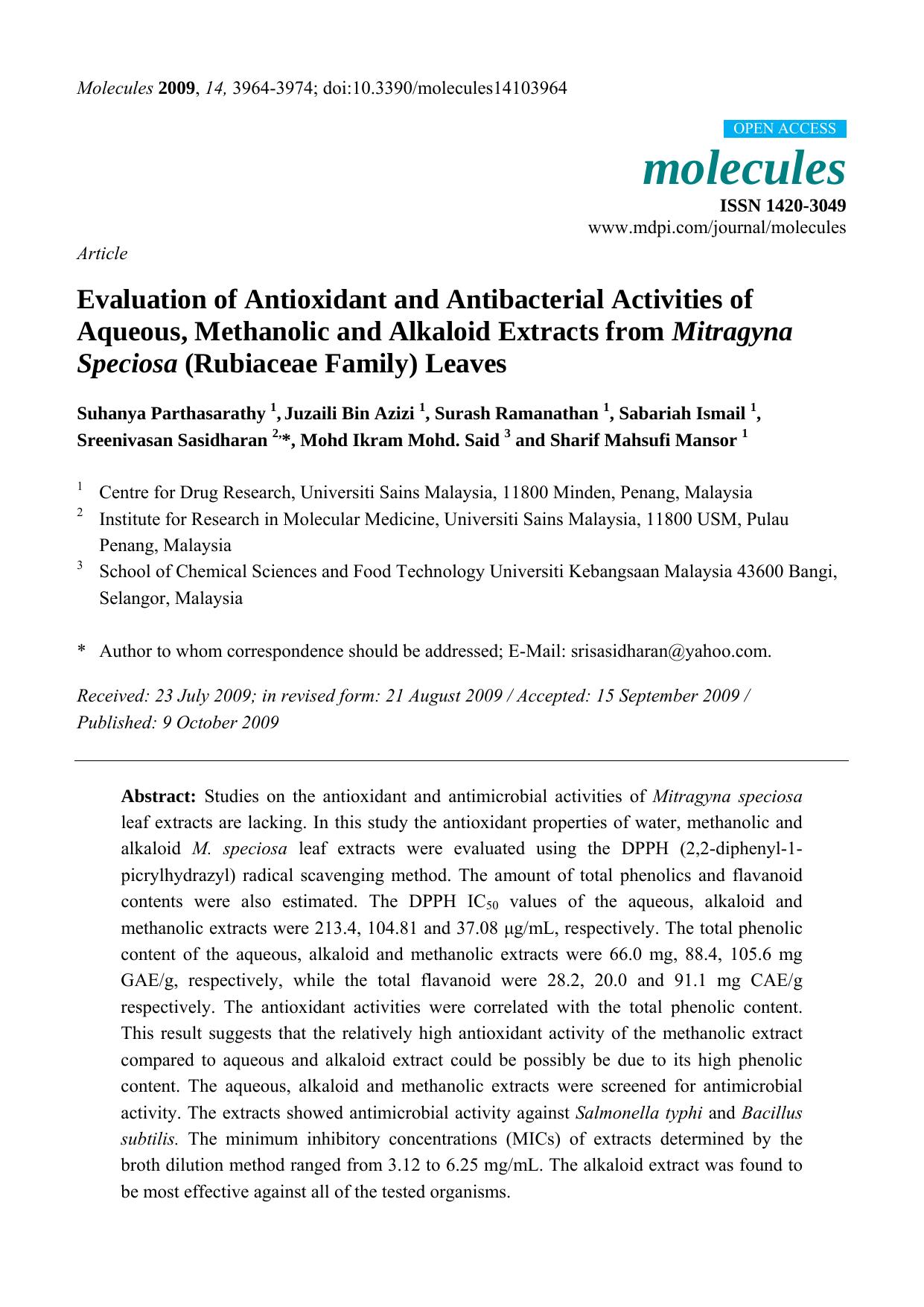 Evaluation of Antioxidant and Antibacterial Activities of Aqueous, Methanolic and Alkaloid Extracts from Mitragyna Speciosa (Rubiaceae Family) Leaves by unknow