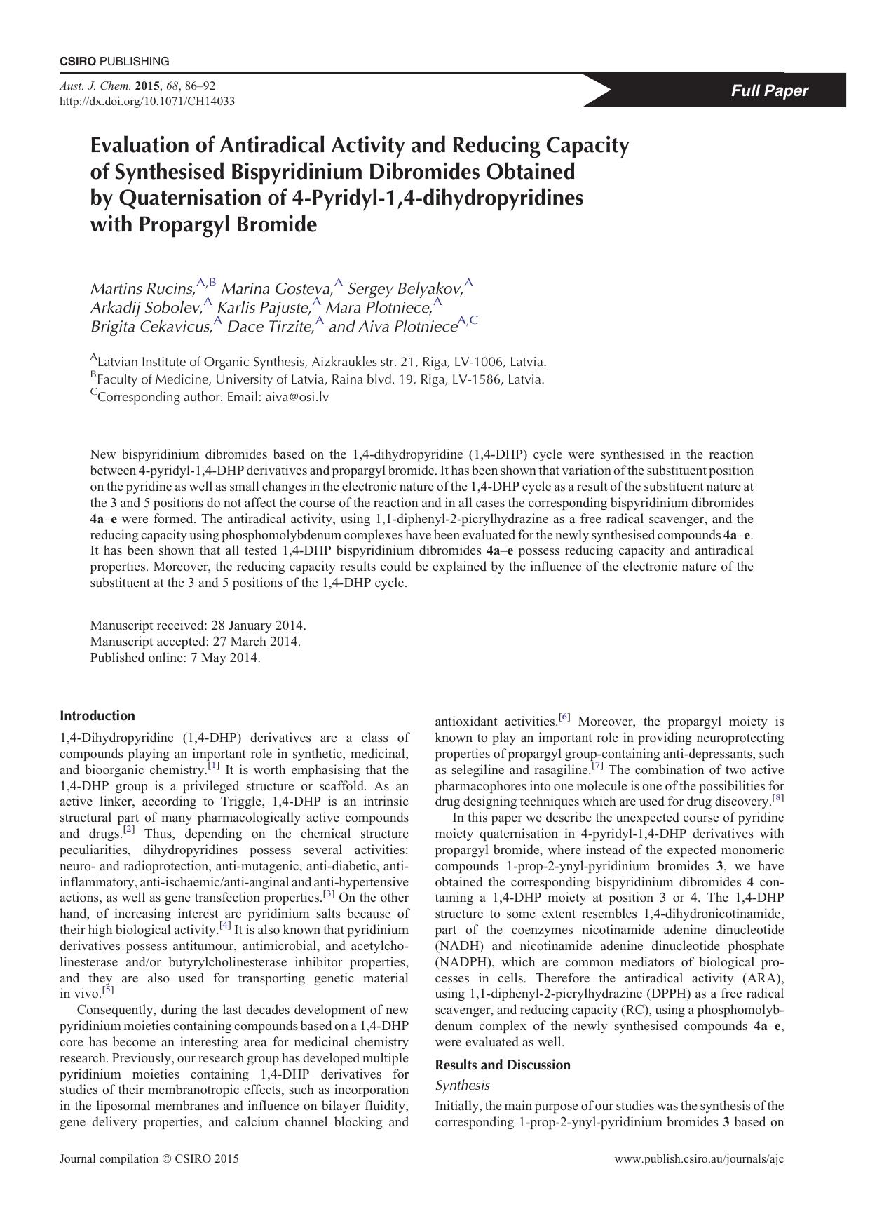Evaluation of Antiradical Activity and Reducing Capacity of Synthesised Bispyridinium Dibromides Obtained by Quaternisation of 4-Pyridyl-1,4-dihydropyridines with Propargyl Bromide by M. Rucins et al