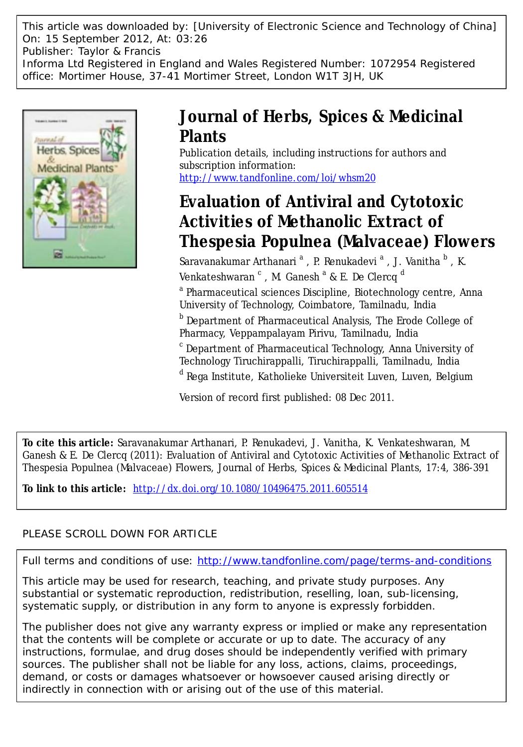 Evaluation of Antiviral and Cytotoxic Activities of Methanolic Extract of Thespesia Populnea (Malvaceae) Flowers by unknow