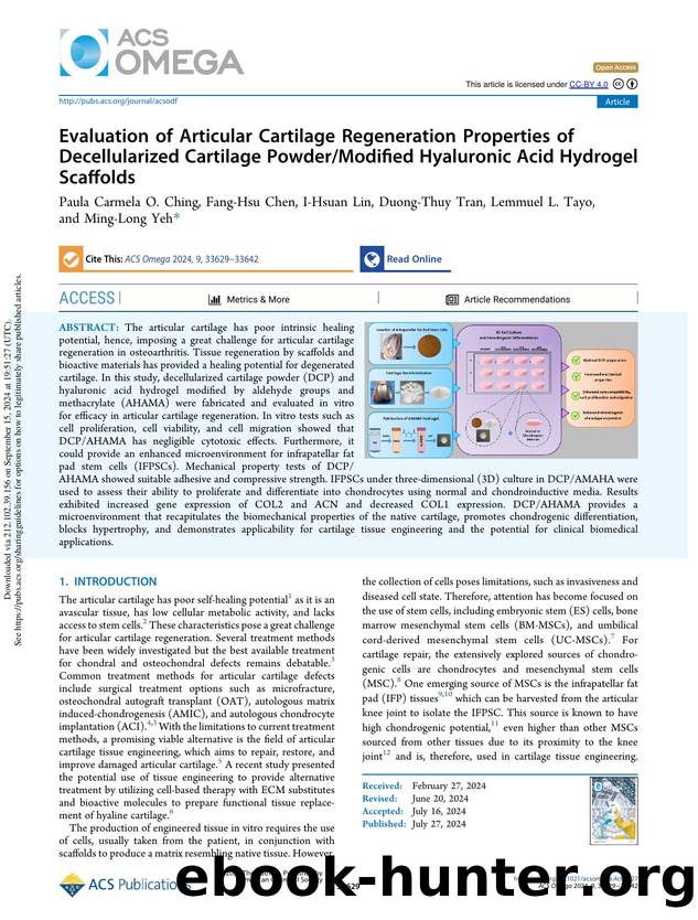 Evaluation of Articular Cartilage Regeneration Properties of Decellularized Cartilage PowderModified Hyaluronic Acid Hydrogel Scaffolds by Paula Carmela O. Ching Fang-Hsu Chen I-Hsuan Lin Duong-Thuy Tran Lemmuel L. Tayo & Ming-Long Yeh