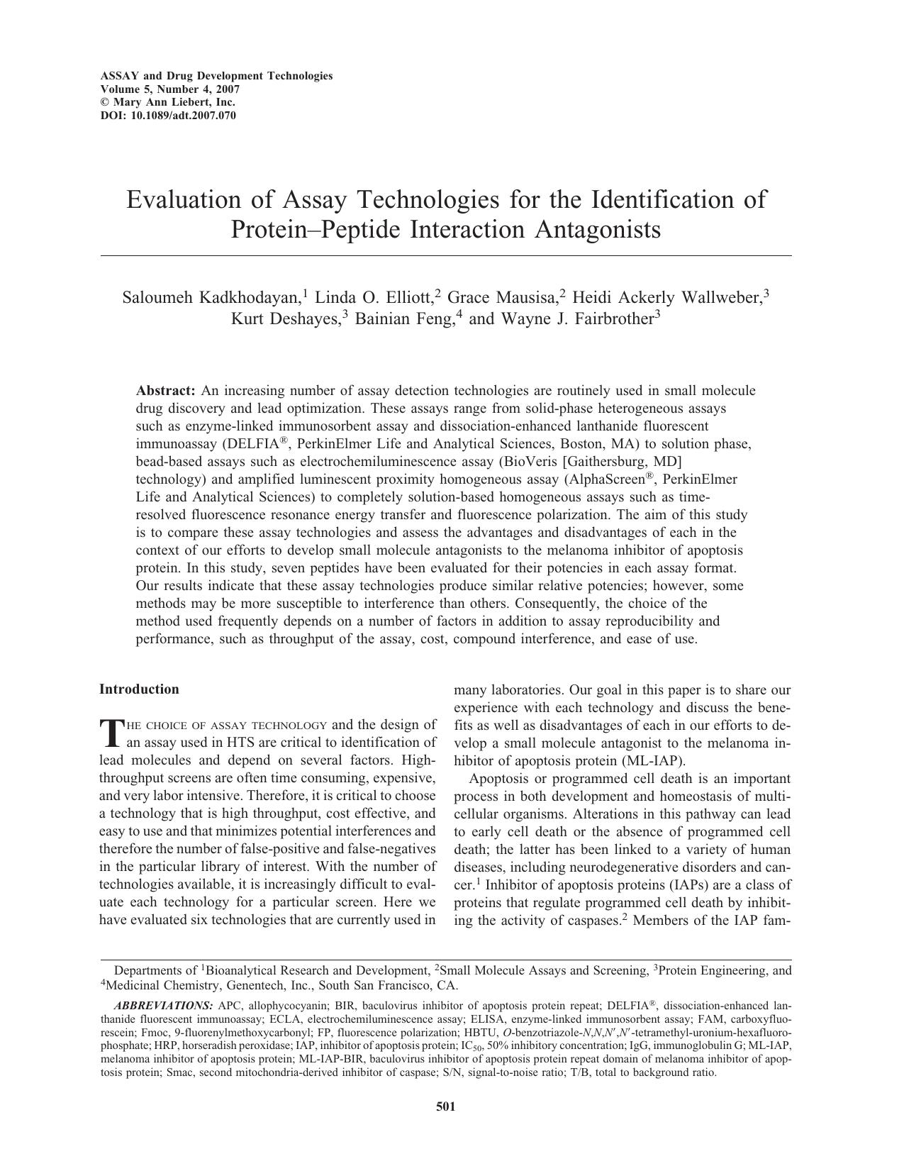 Evaluation of Assay Technologies for the Identification of ProteinâPeptide Interaction Antagonists by unknow