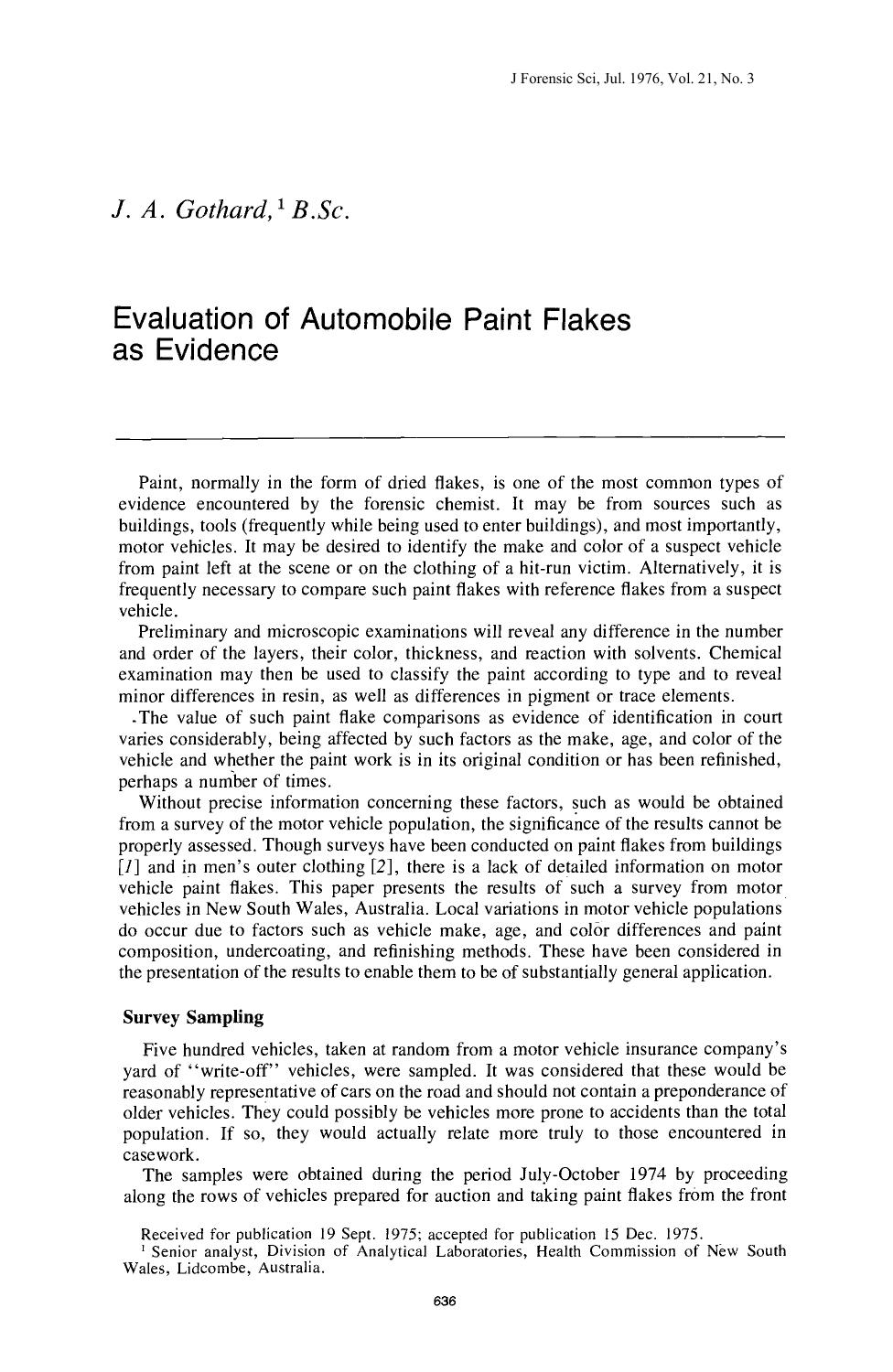Evaluation of Automobile Paint Flakes as Evidence by Gothard JA
