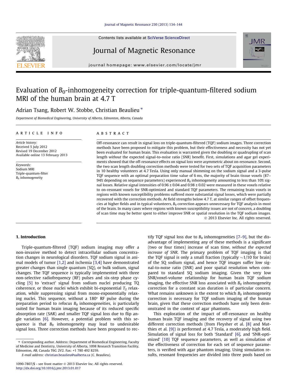 Evaluation of B0-inhomogeneity correction for triple-quantum-filtered sodium MRI of the human brain at 4.7T by Adrian Tsang & Robert W. Stobbe & Christian Beaulieu