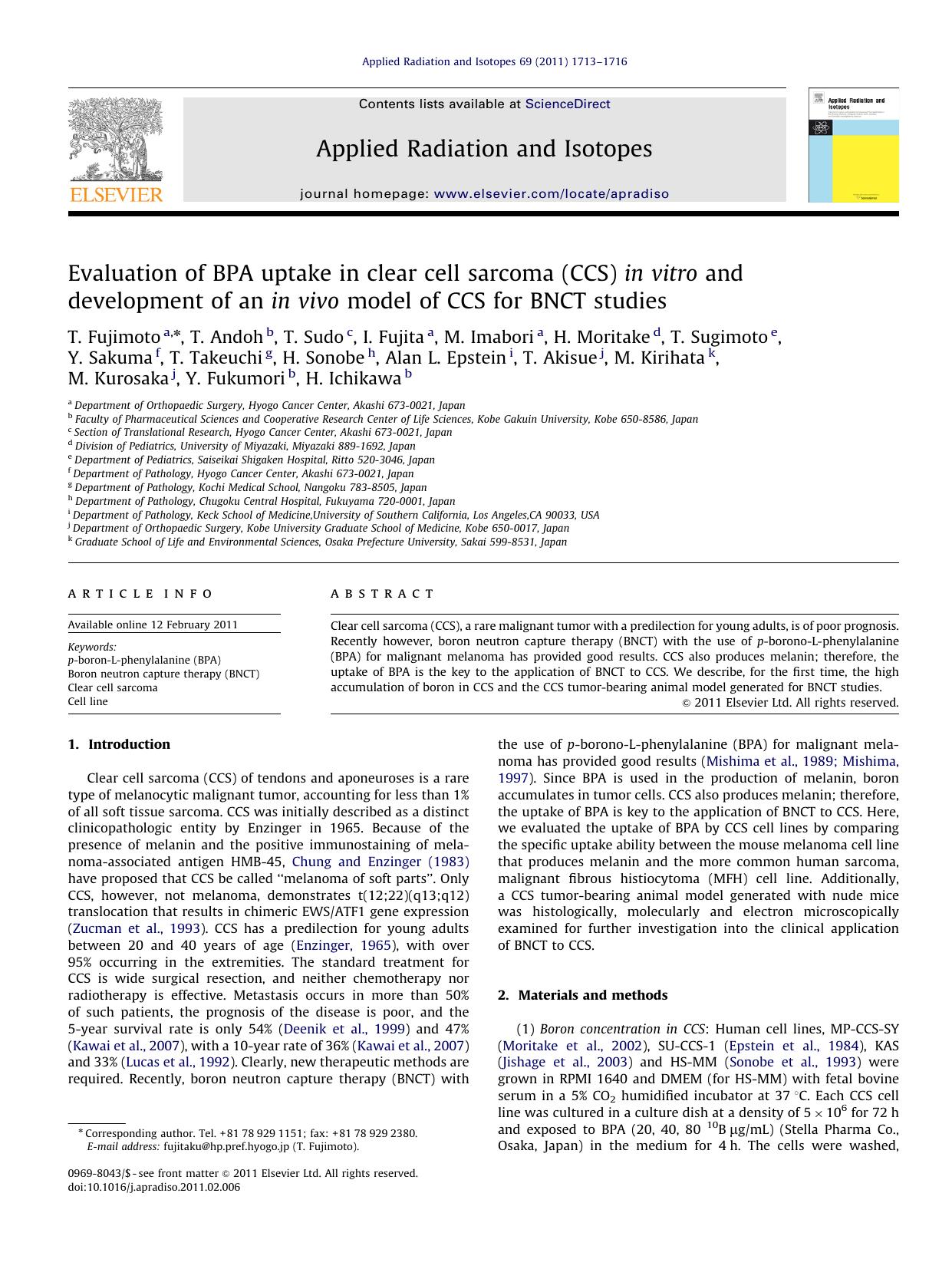 Evaluation of BPA uptake in clear cell sarcoma (CCS) in vitro and development of an in vivo model of CCS for BNCT studies by unknow