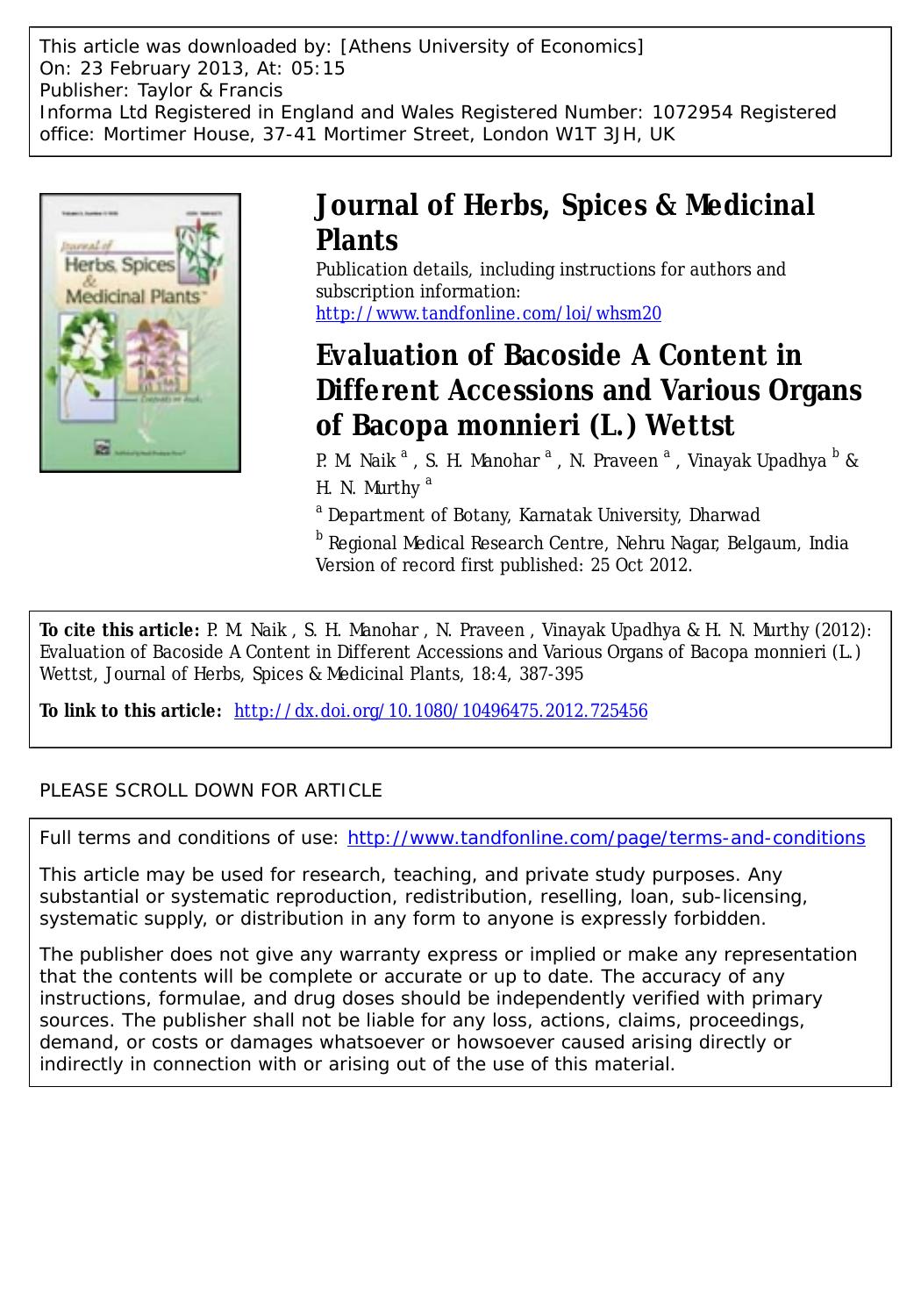 Evaluation of Bacoside A Content in Different Accessions and Various Organs of Bacopa monnieri (L.) Wettst by P. M. Naik S. H. Manohar N. Praveen Vinayak Upadhya & H. N. Murthy