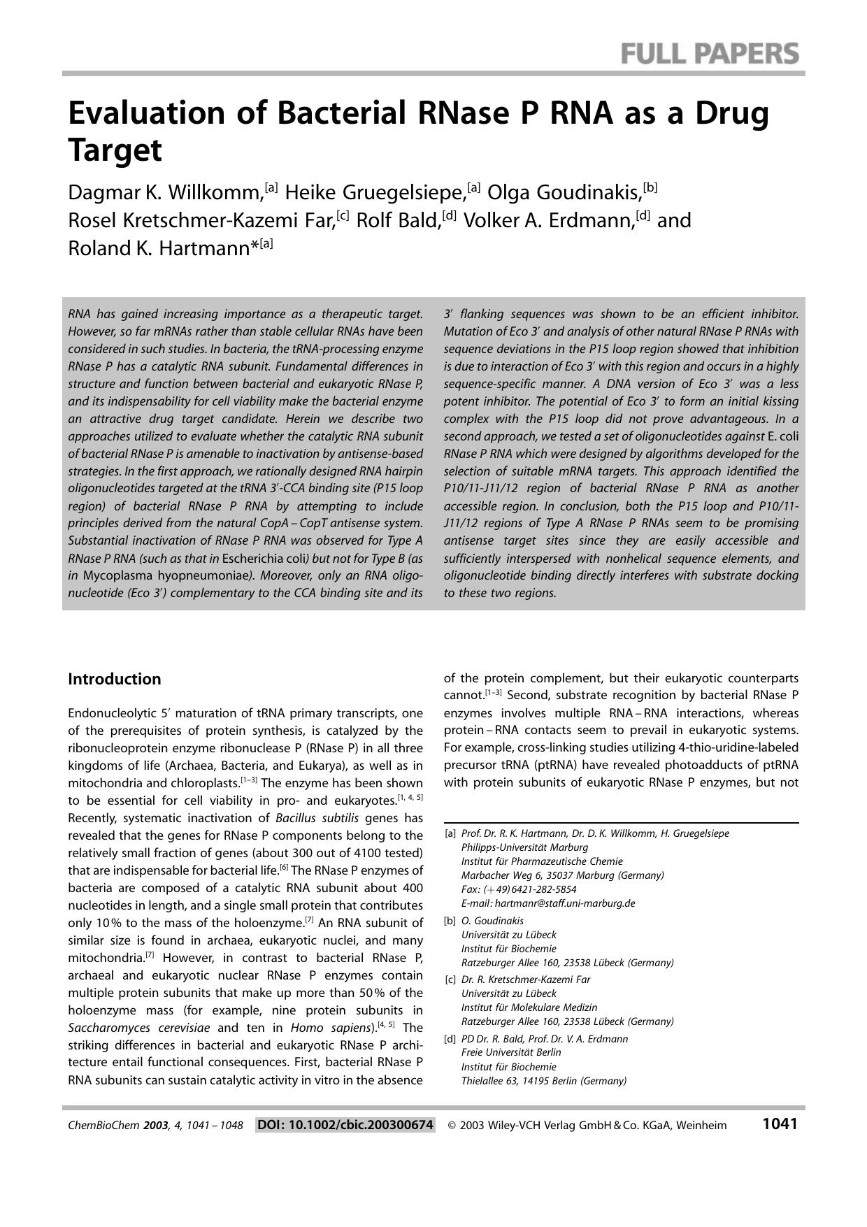 Evaluation of Bacterial RNase P RNA as a Drug Target by Unknown