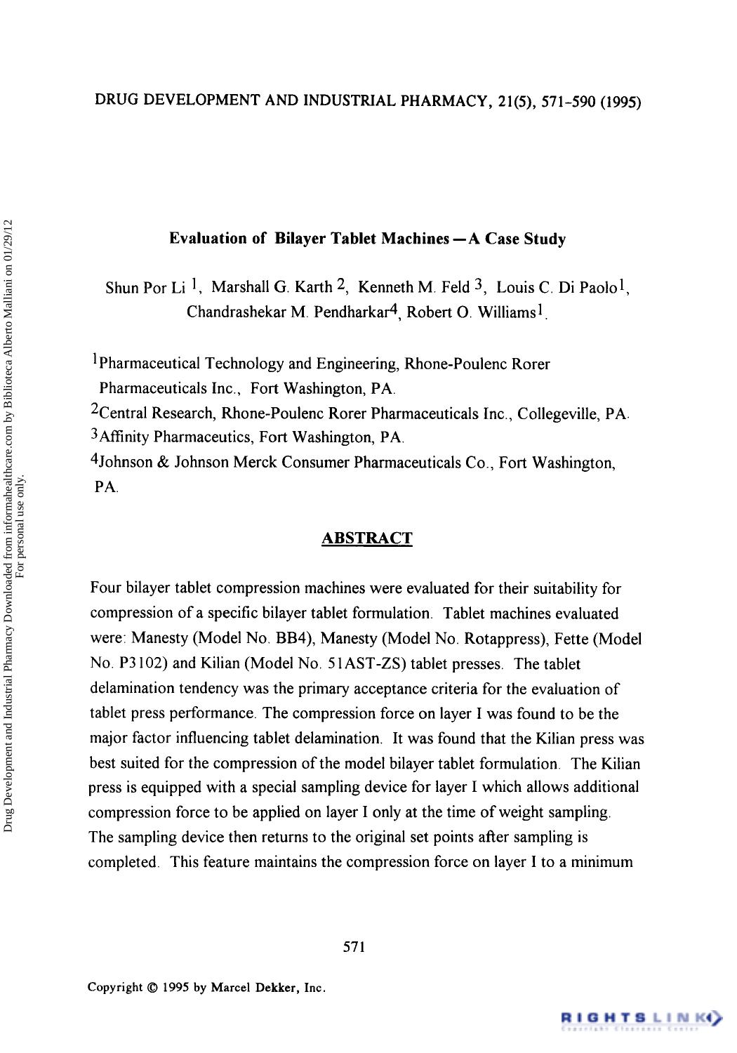 Evaluation of Bilayer Tablet MachinesâA Case Study by unknow