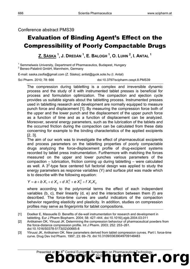 Evaluation of Binding Agentâs Effect on the Compressibility of Poorly Compactable Drugs by Z. SÁSKA & J. DREDÁN & E. BALOGH & O. LUHN & I. ANTAL