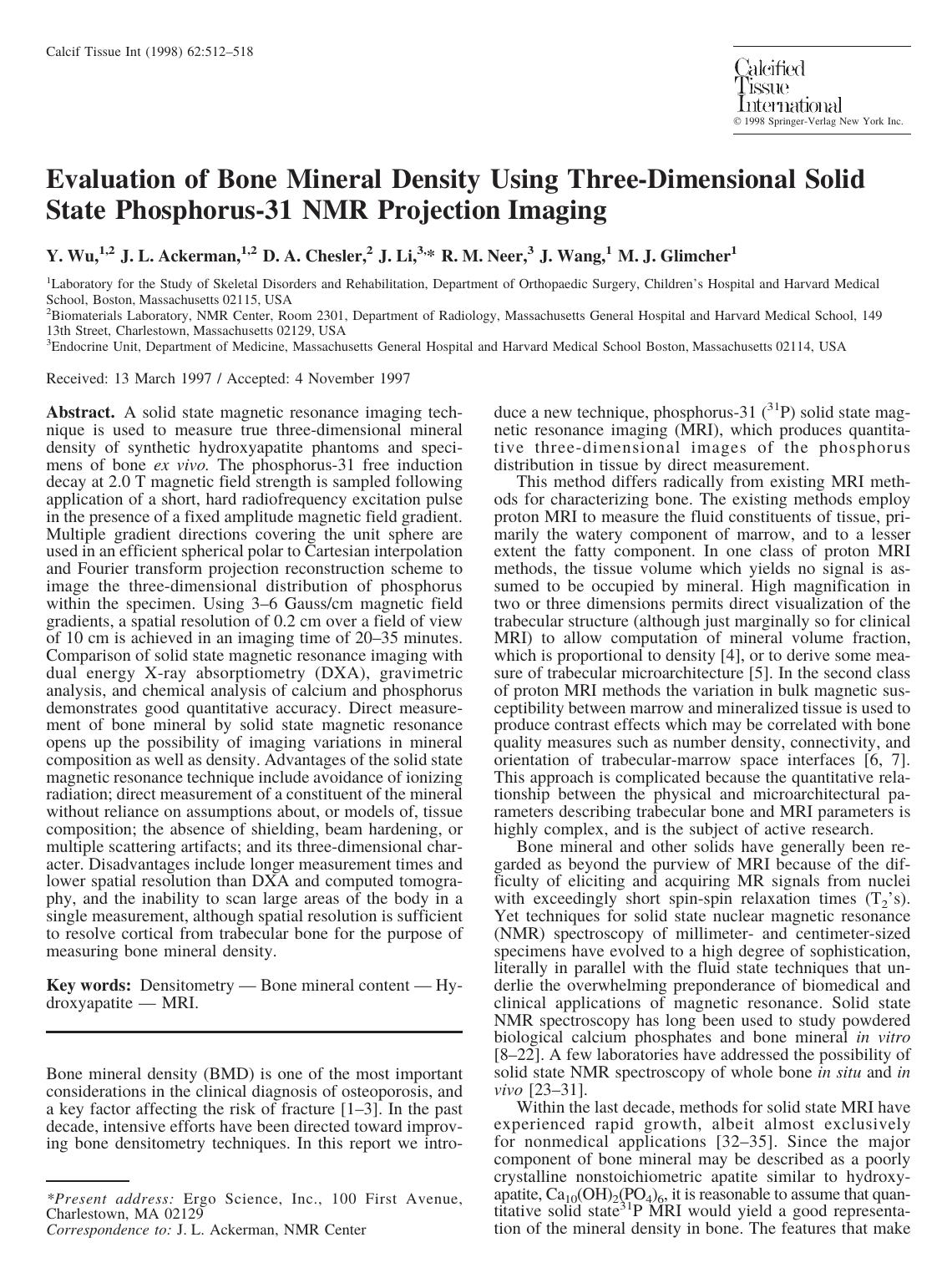 Evaluation of Bone Mineral Density Using Three-Dimensional Solid State Phosphorus-31 NMR Projection Imaging by Wu Y. et al