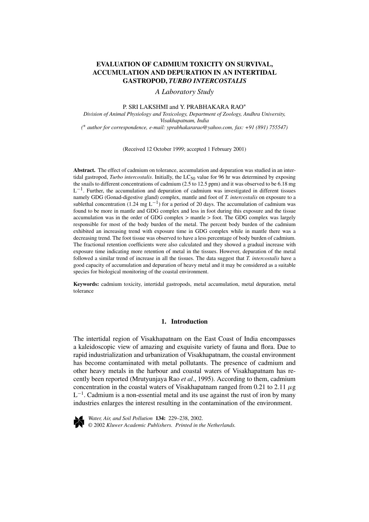 Evaluation of Cadmium Toxicity on Survival, Accumulation and Depuration in an Intertidal Gastropod, <Emphasis Type="Italic">Turbo Intercostalis<Emphasis> by Unknown