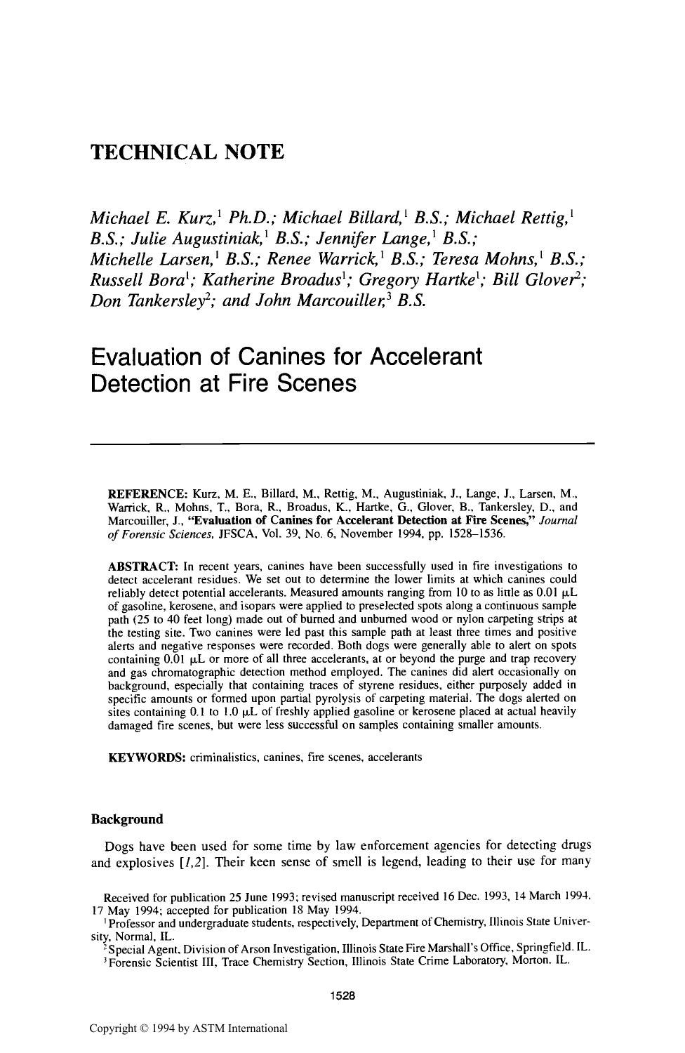 Evaluation of Canines for Accelerant Detection at Fire Scenes by unknow