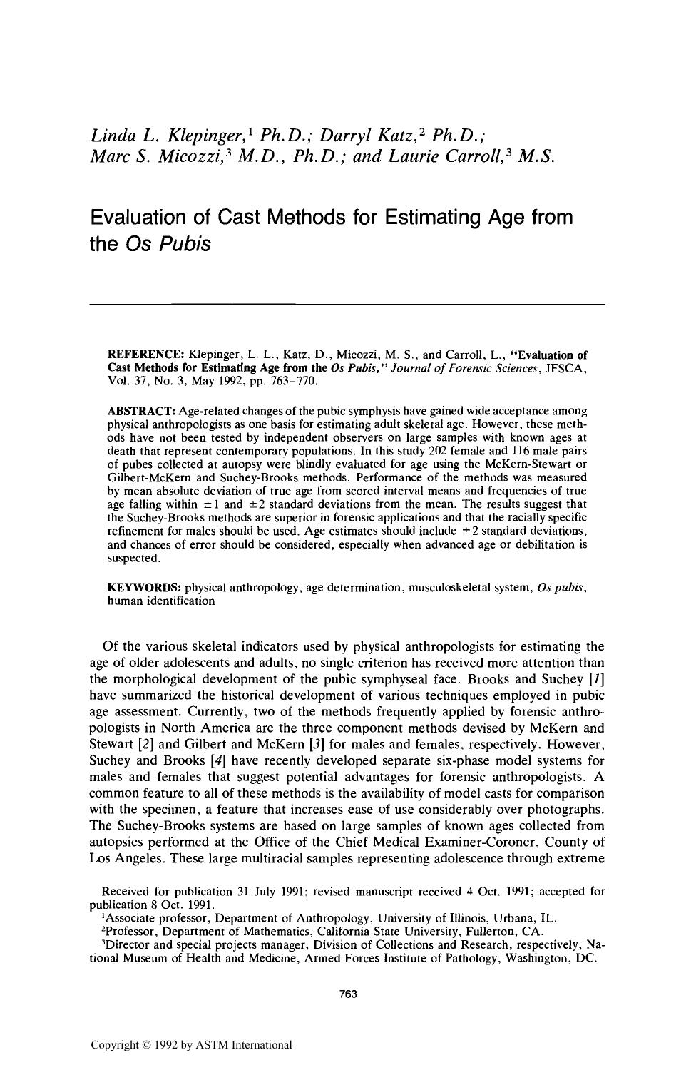 Evaluation of Cast Methods for Estimating Age from the <I>Os Pubis<I> by Klepinger LL Katz D Micozzi MS Carroll L