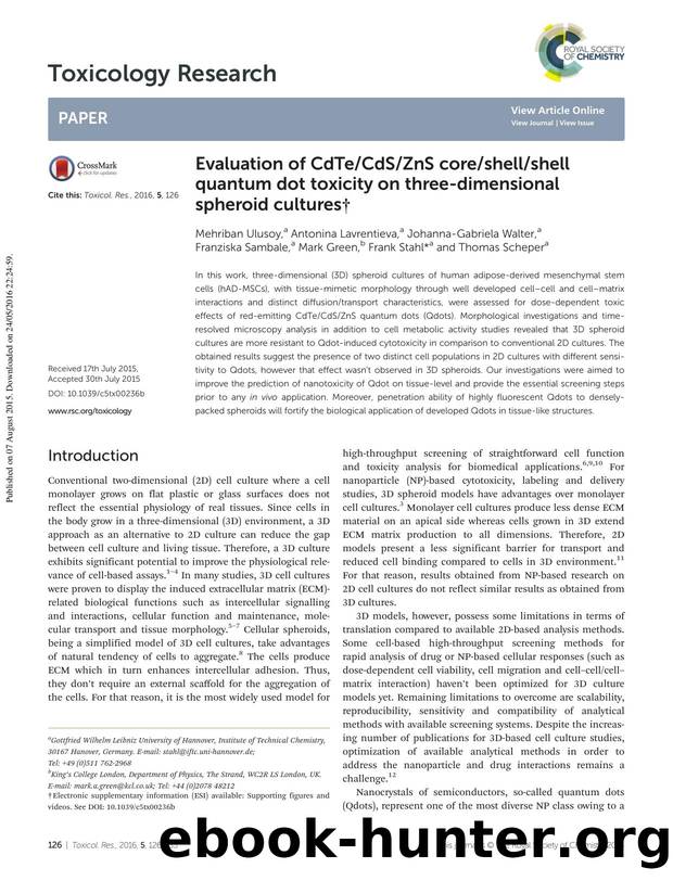 Evaluation of CdTeCdSZnS coreshellshell quantum dot toxicity on three-dimensional spheroid cultures by unknow