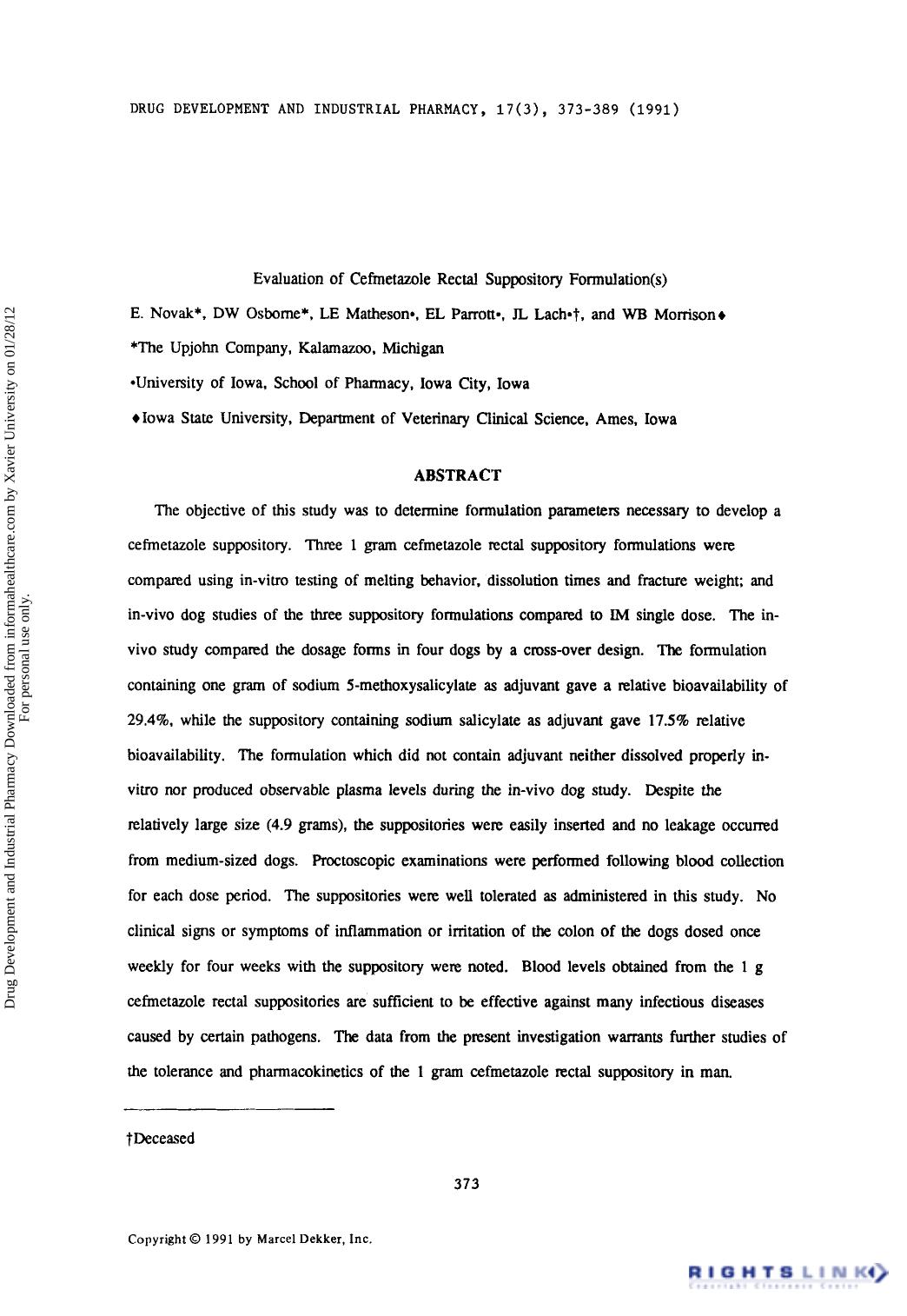 Evaluation of Cefmetazole Rectal Suppository Formulation(s) by E. Novak D W Osborne L E Matheson E L Parrott J L Lach & W B Morrison