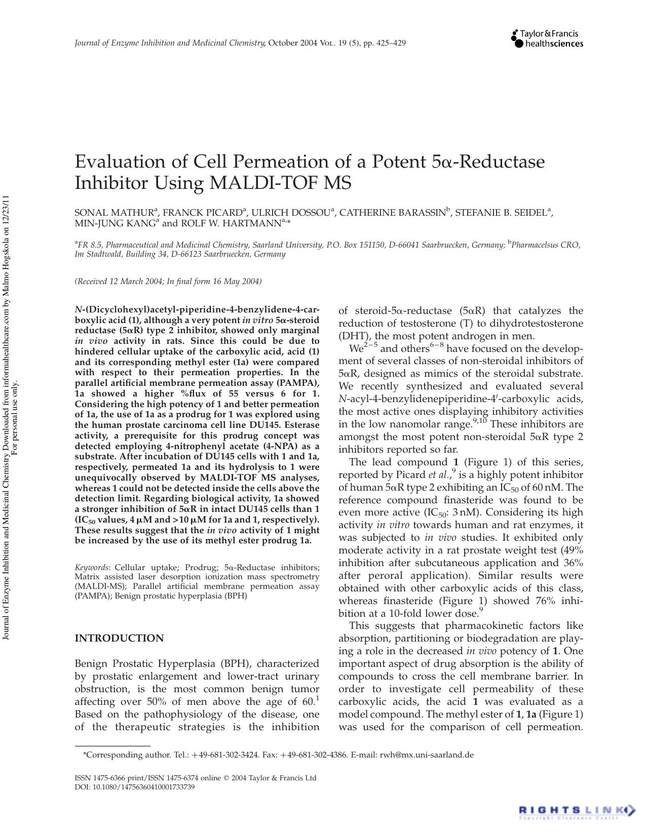 Evaluation of Cell Permeation of a Potent 5Î±-Reductase Inhibitor Using MALDI-TOF MS by unknow