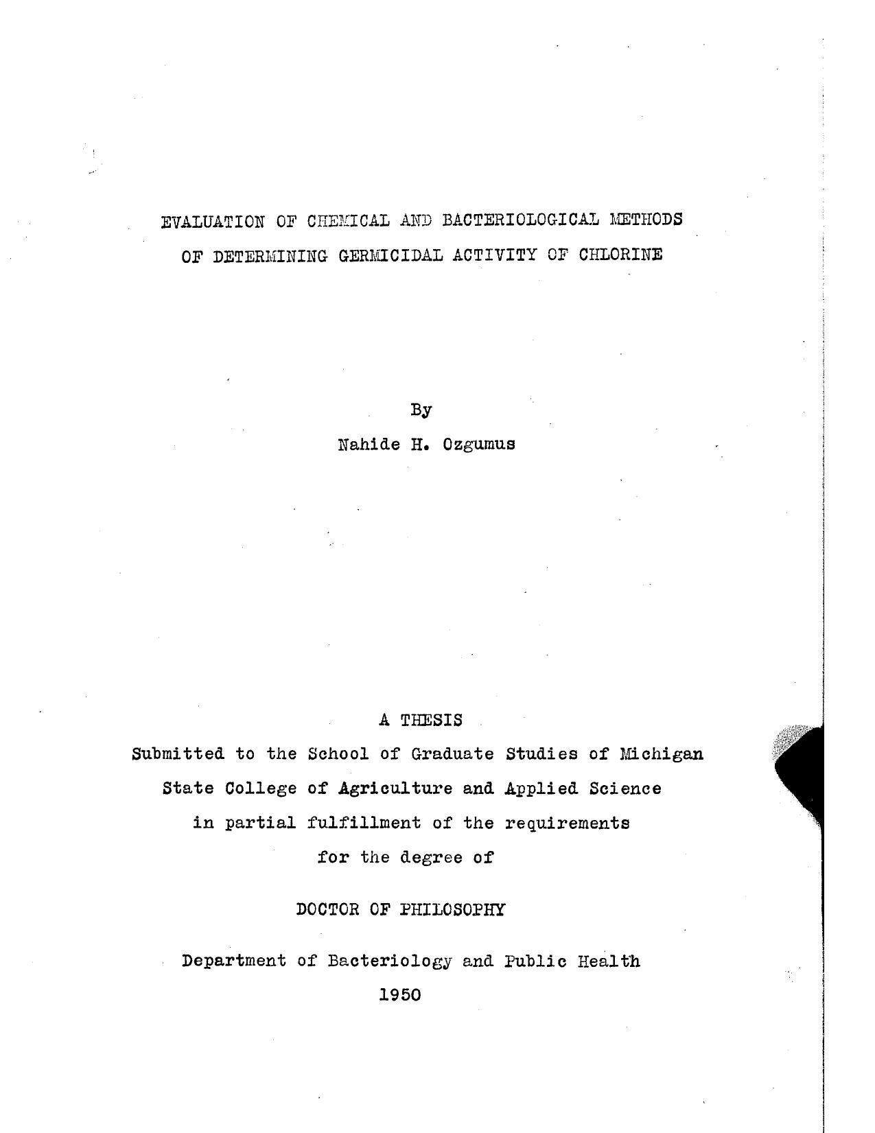 Evaluation of Chemical and Bacteriological Methods of Determining Germicidal Activity of Chlorine by Ozgumus Nahide Hatice